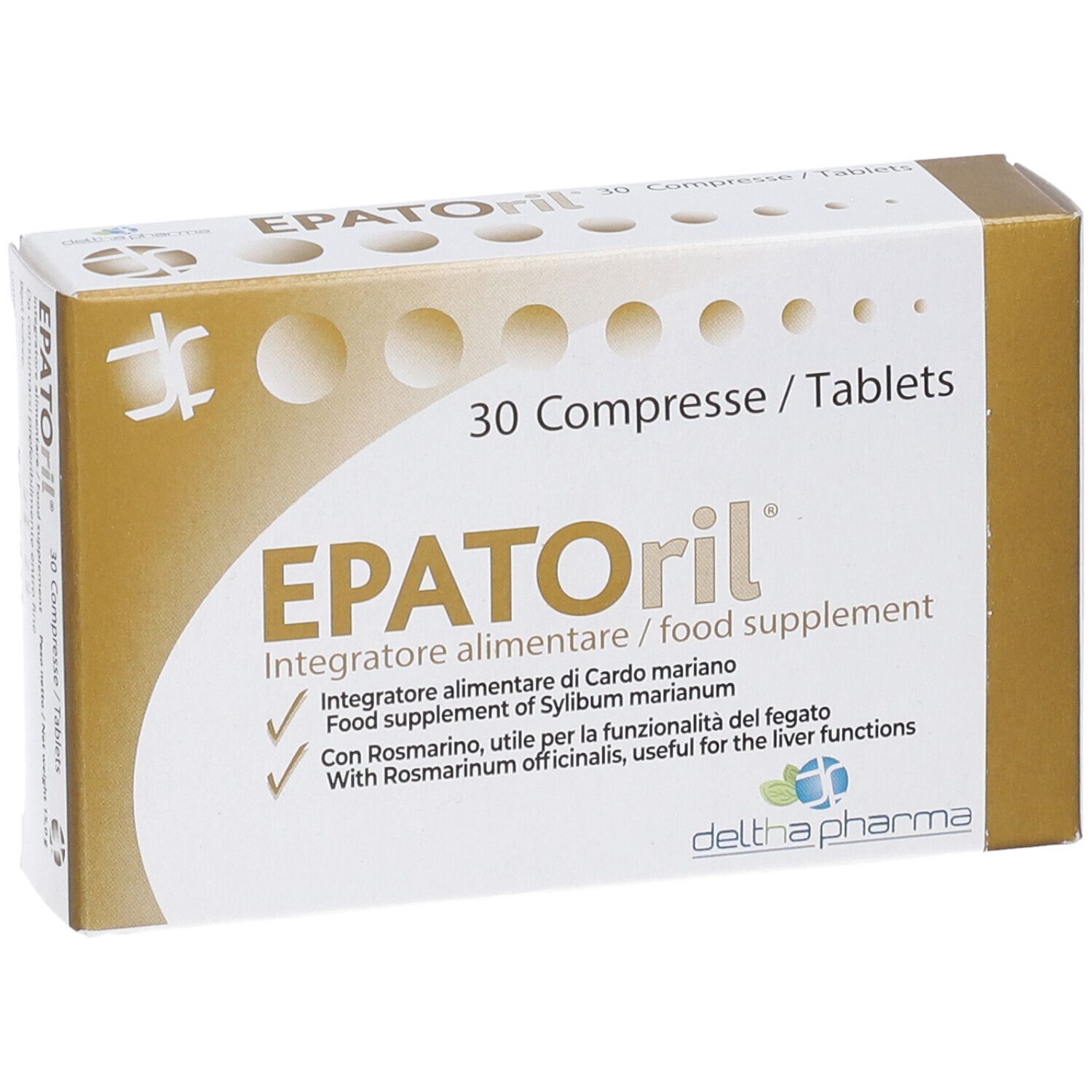 Verpackung mit 30 EPATORIL Tabletten für die Leberfunktion, mit Rosmarin.