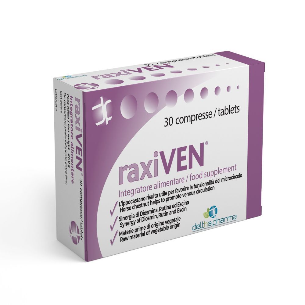 Verpackung von RAXIVEN Compresse. Weiß-lila Schachtel mit Produktnamen und 30 Tabletten. Deltha Pharma Logo.