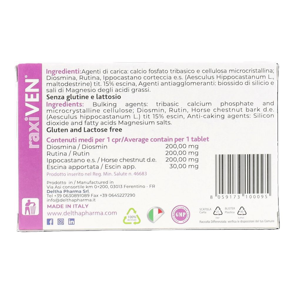 Rückseite der RAXIVEN Compresse Verpackung. Enthält Inhaltsstoffe, Nährwertangaben und Herstellerinformationen.
