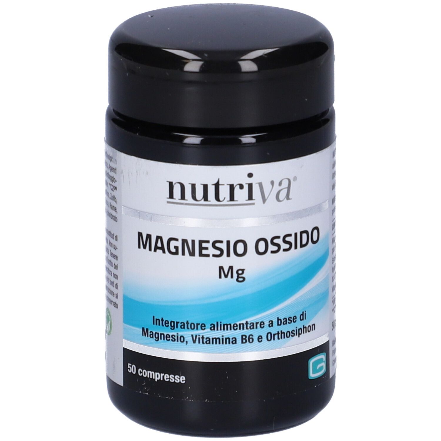 Barattolo nero con etichetta bianca. Scritta: Nutriva, Magnesio Ossido, Mg. 50 compresse.