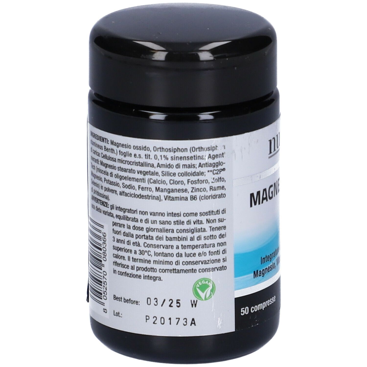 Barattolo nero con etichetta bianca. Scritta: Nutriva, Magnesio Ossido, Mg. 50 compresse. Ingredienti sul retro.