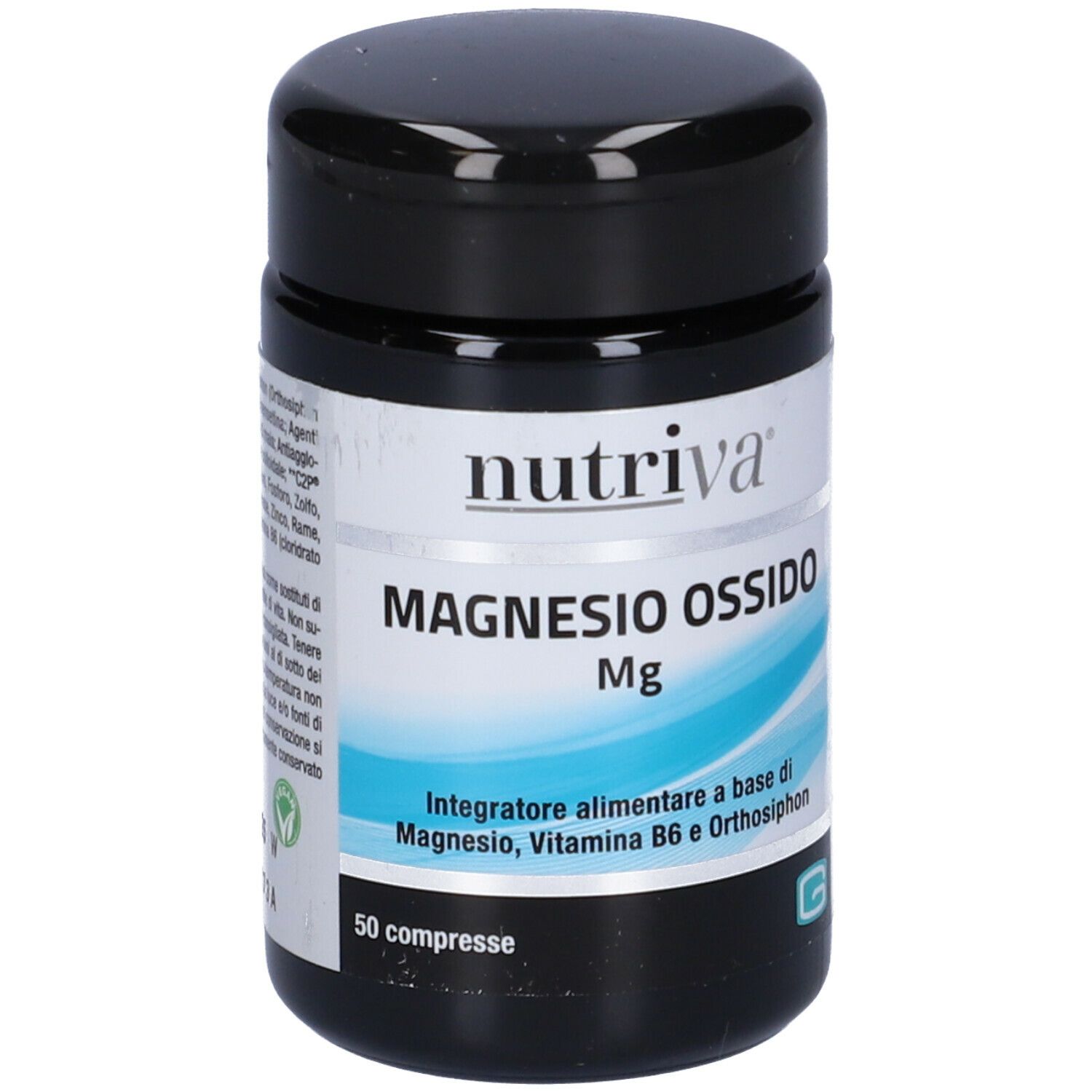 Barattolo nero con etichetta bianca. Scritta: Nutriva, Magnesio Ossido, Mg. 50 compresse.