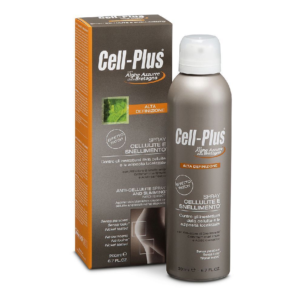 Flacon spray brun et boîte Cell-Plus. Texte: Spray Cellulite e Snellimento. Bouchon blanc.