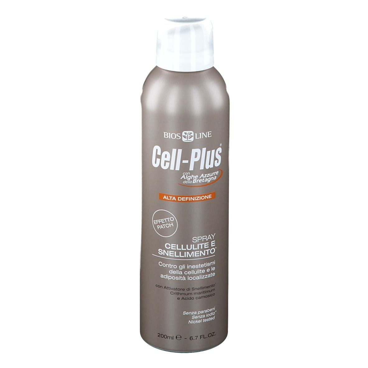 Flacon spray brun, bouchon blanc. Inscription Cell-Plus, Spray Cellulite e Snellimento. Marque BIOS LINE.