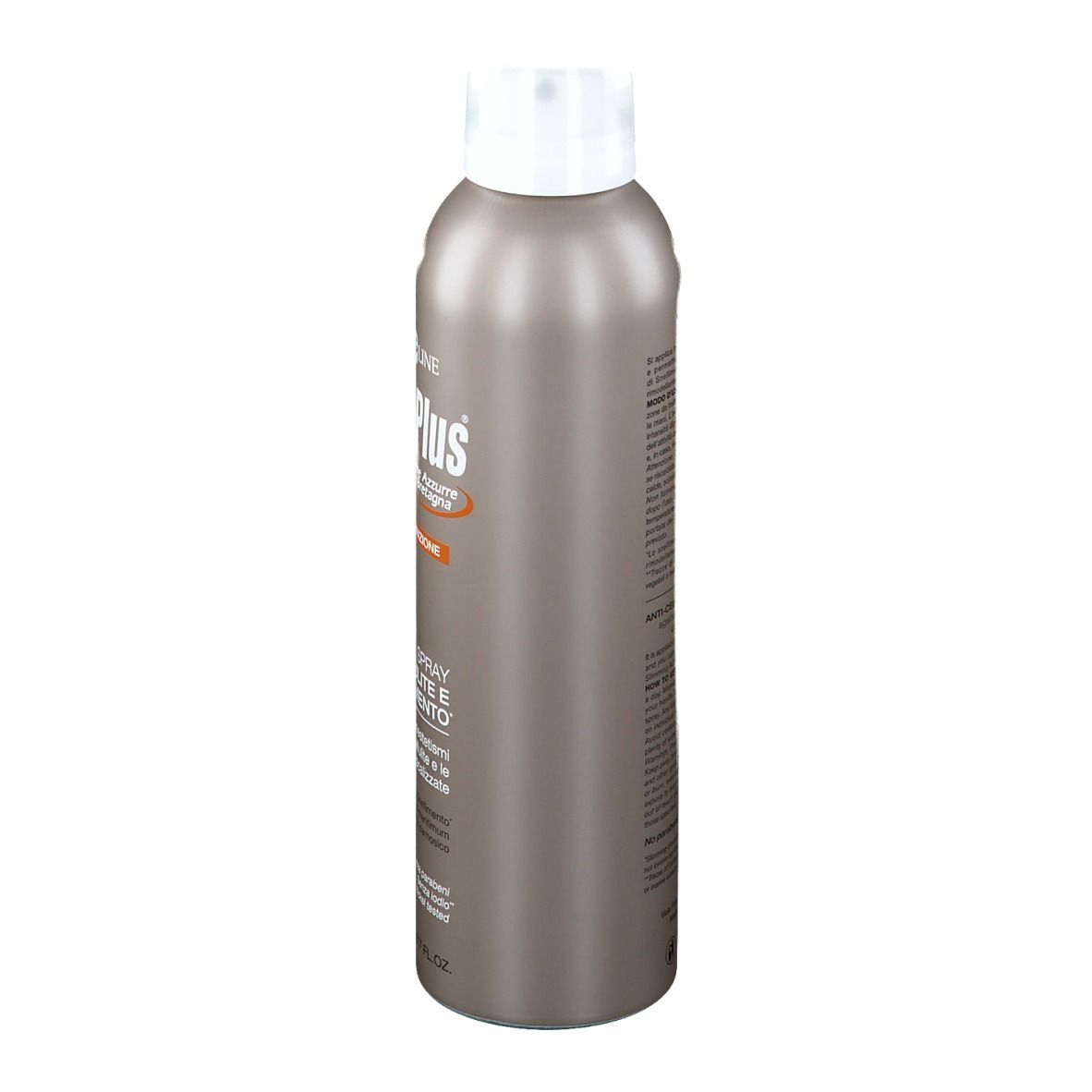 Flacon spray brun, bouchon blanc. Texte sur le flacon. Marque BIOS LINE. Vue de côté.