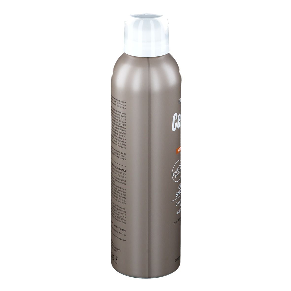 Flacon spray brun, bouchon blanc. Texte sur le flacon. Marque BIOS LINE. Vue de côté.