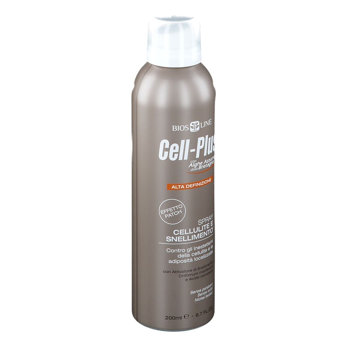 Flacon spray brun, bouchon blanc. Inscription Cell-Plus, Spray Cellulite e Snellimento. Marque BIOS LINE.