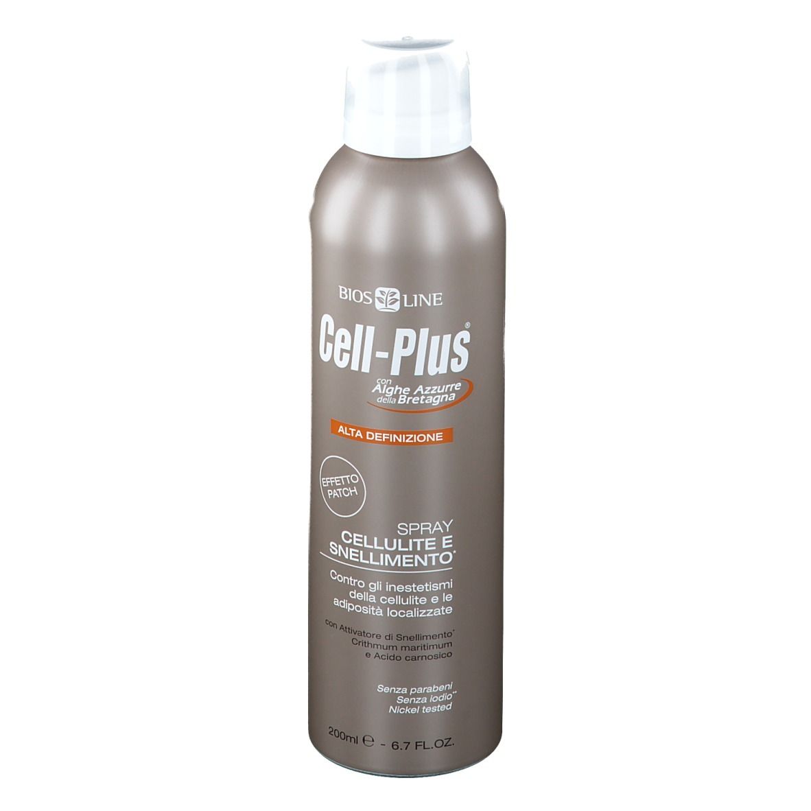 Flacon spray brun, bouchon blanc. Inscription Cell-Plus, Spray Cellulite e Snellimento. Marque BIOS LINE.