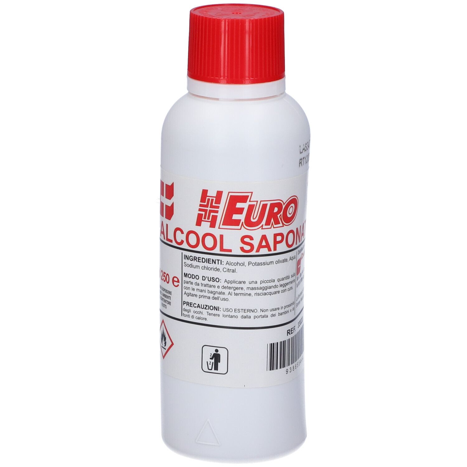 Flacone bianco con tappo rosso. Scritta: Euro Alcool Saponato. Contiene alcool, potassio, cloruro di sodio, citrato. Avvertenze.