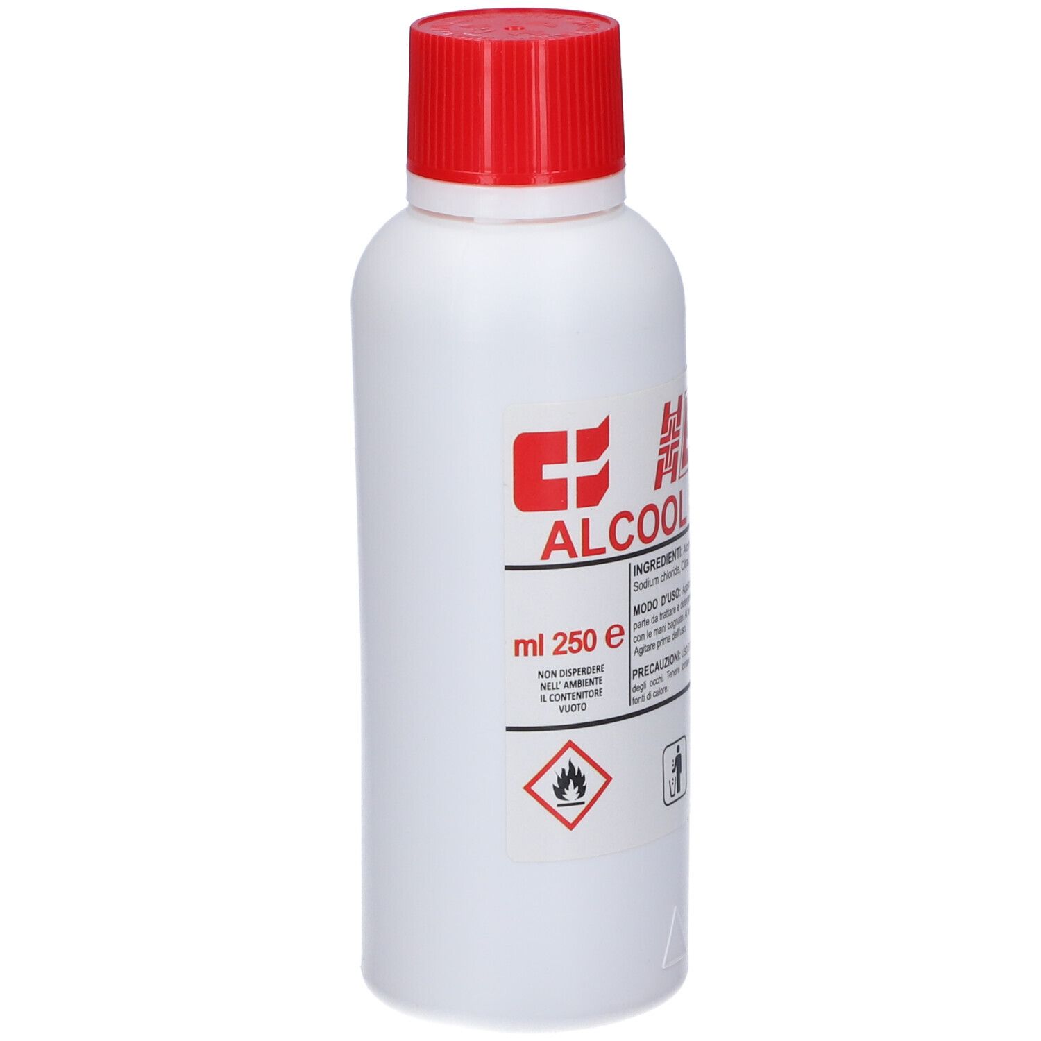 Flacone bianco con tappo rosso. Scritta: Euro Alcool Saponato, 250 ml. Simboli di avvertimento: fiamma, bidone.