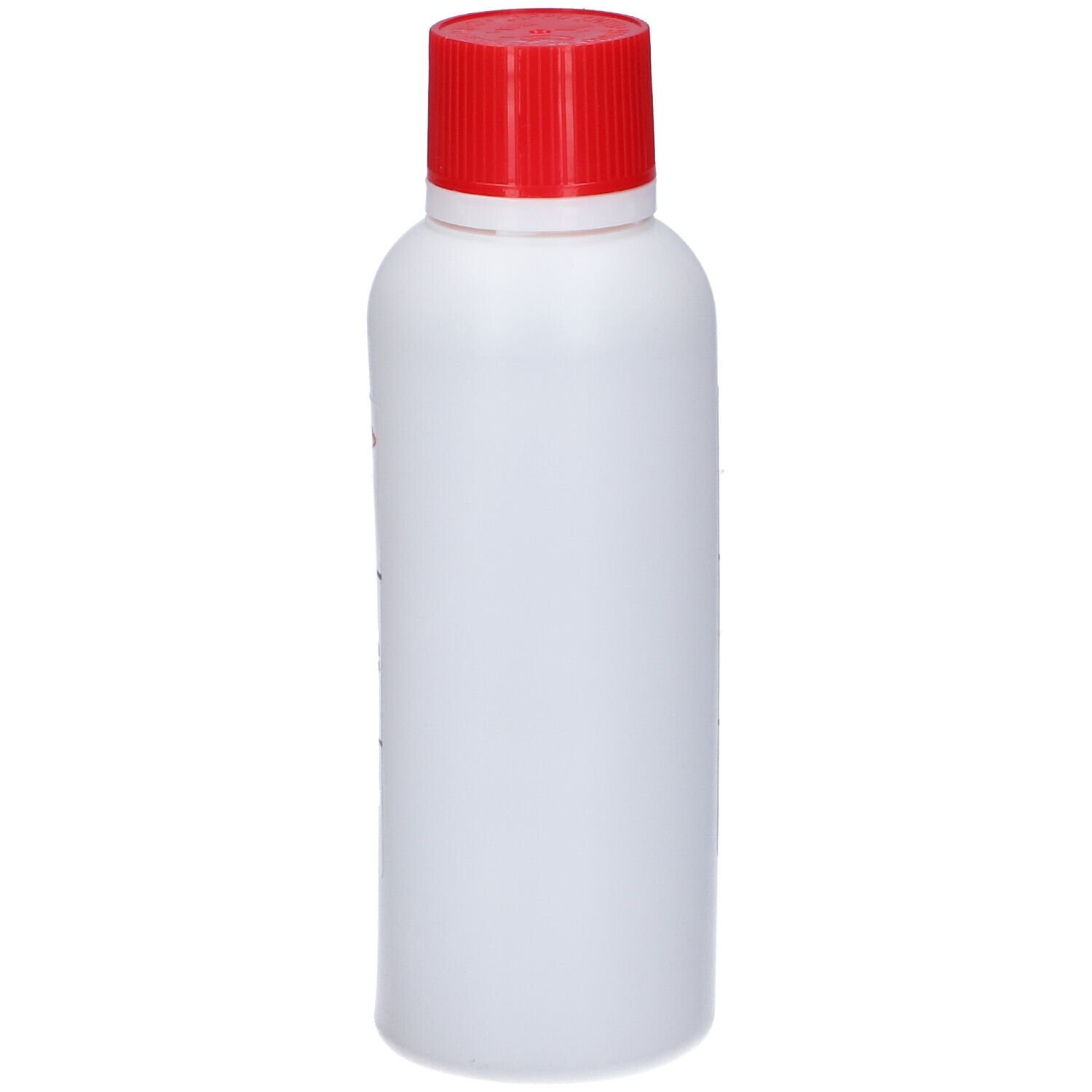 Flacone bianco con tappo rosso. Nessuna scritta visibile.