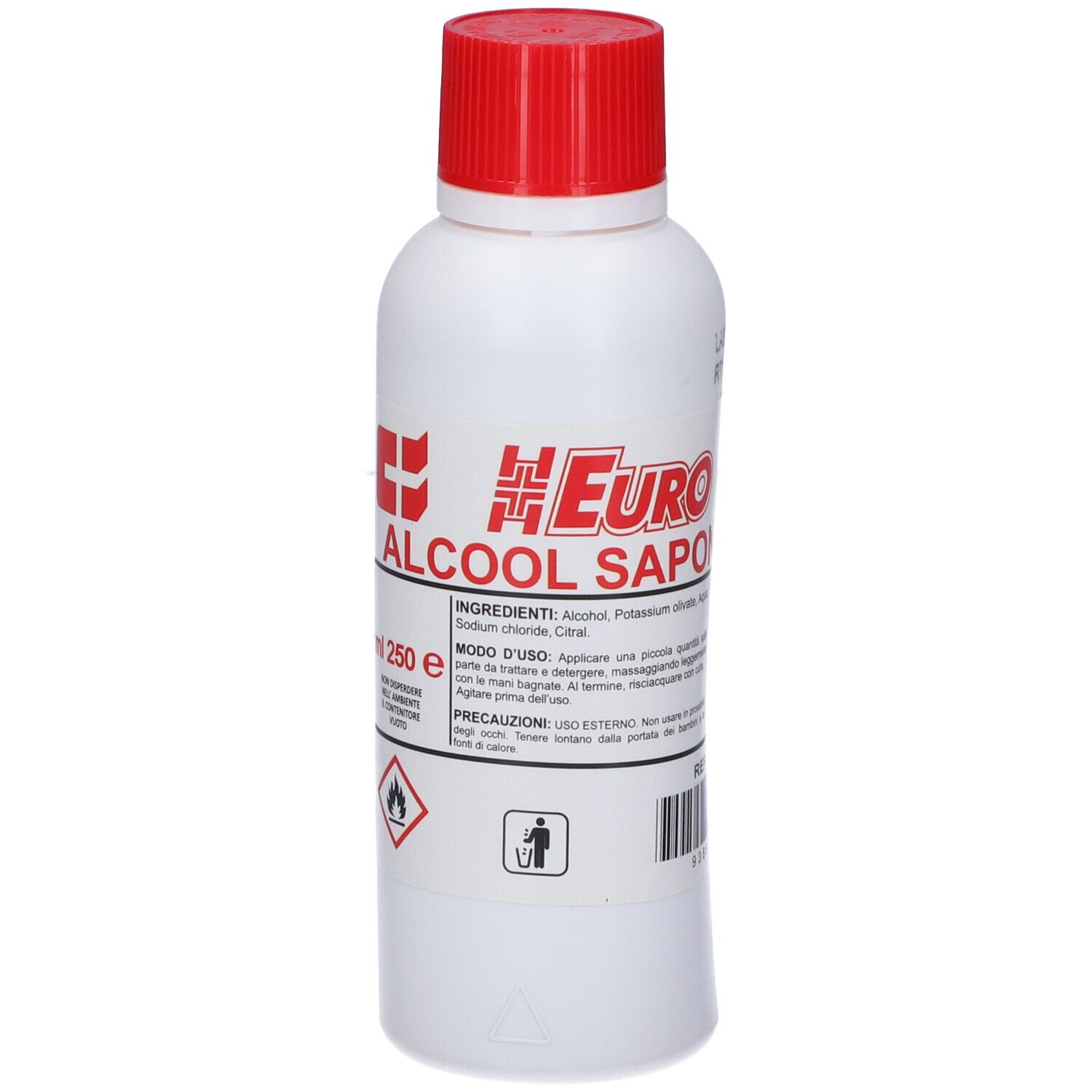 Flacone bianco con tappo rosso. Scritta: Euro Alcool Saponato, 250 ml. Simboli di avvertimento: fiamma, bidone.