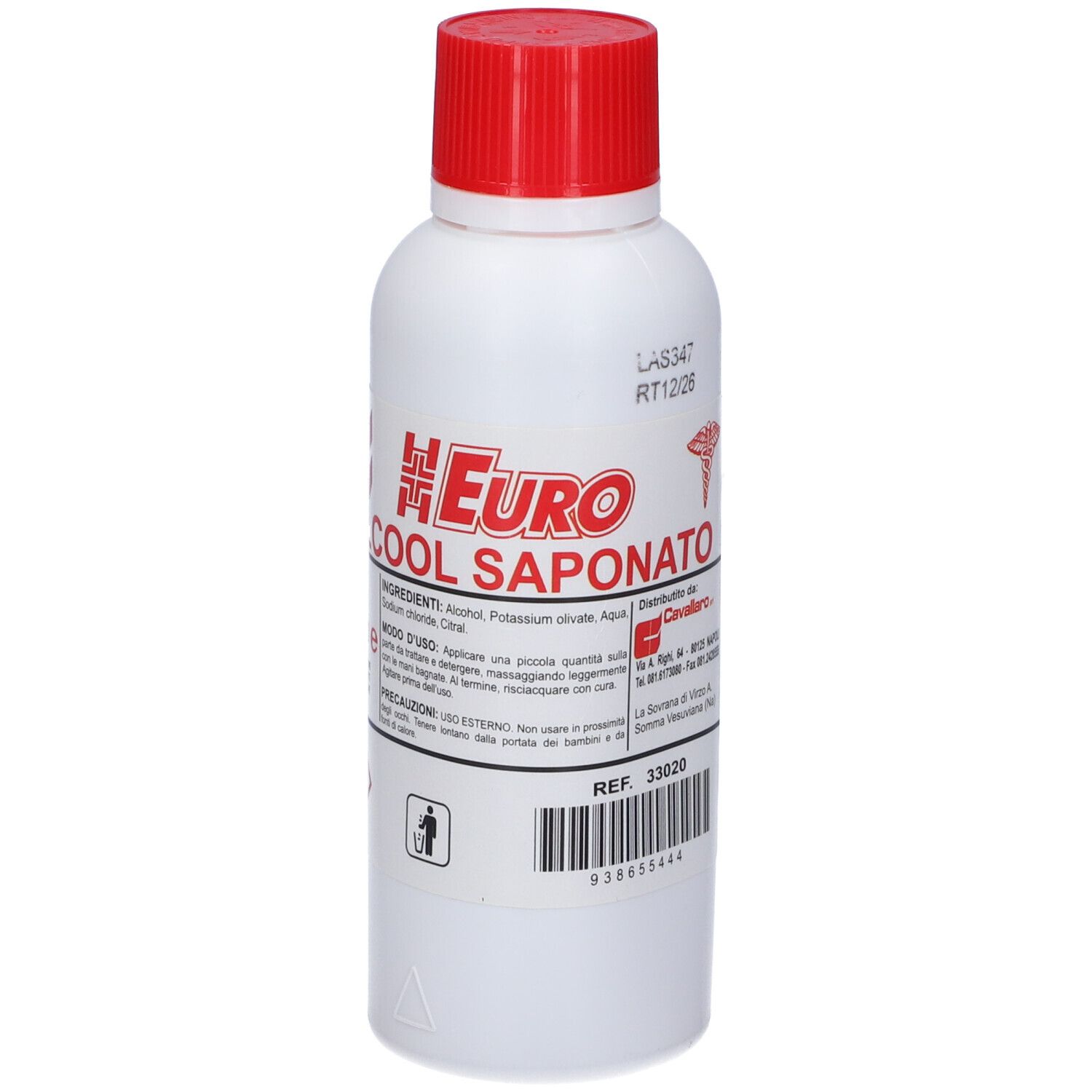 Flacone bianco con tappo rosso. Scritta: Euro Alcool Saponato. Contiene alcool, potassio, cloruro di sodio, citrato. Avvertenze.
