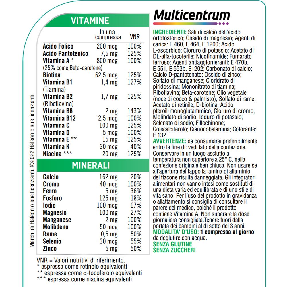 Multicentrum Adulti: Liste der Vitamine und Mineralstoffe pro Tablette.