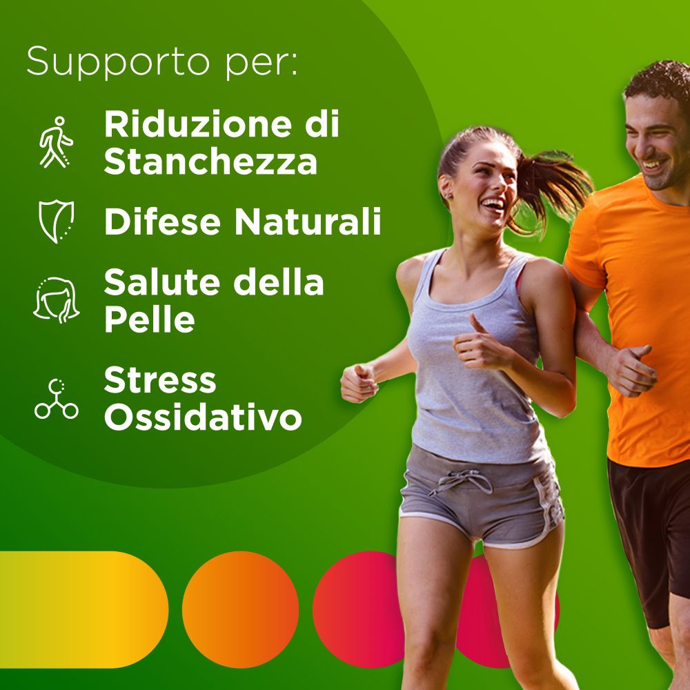 Uomo e donna che corrono. Testo: 'Supporto per:' e icone per 'Stanchezza', 'Difese Naturali', 'Salute della Pelle', 'Stress Ossidativo'.