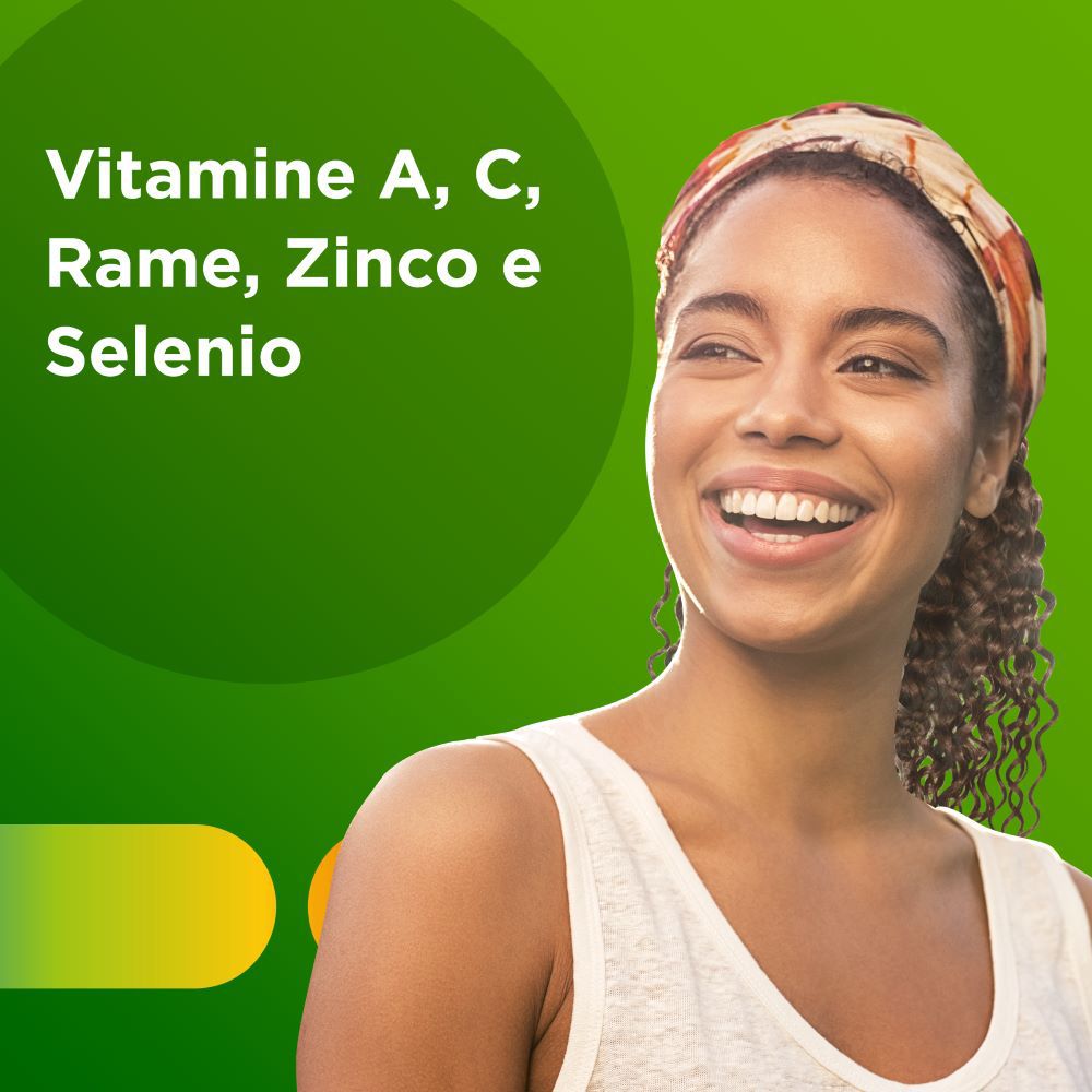 Donna sorridente. Testo: 'Vitamine A, C, Rame, Zinco e Selenio'. Sfondo: verde.