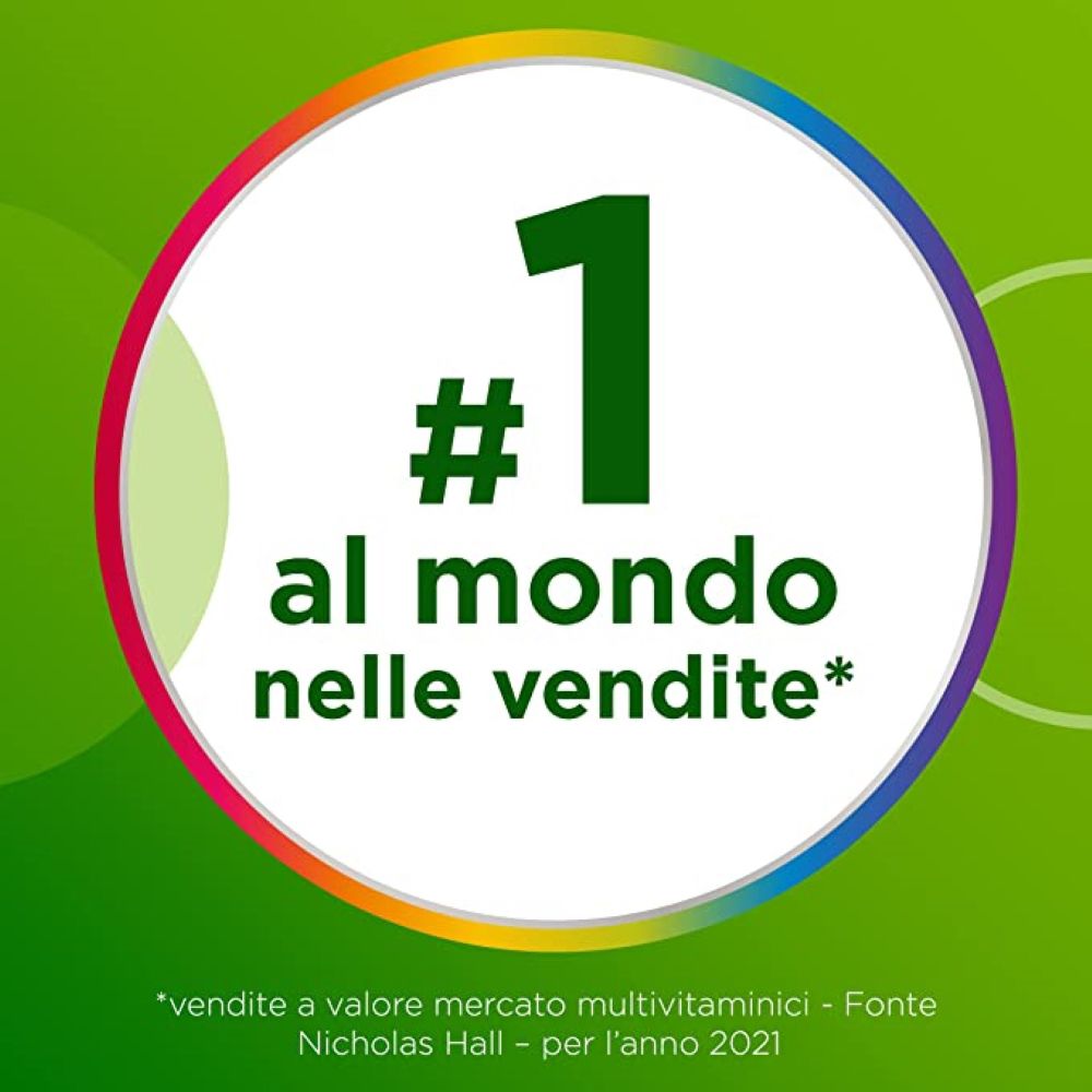 Logo circolare. Testo: '#1 al mondo nelle vendite*'. Nota con asterisco: 'vendite a valore mercato multivitaminici'.