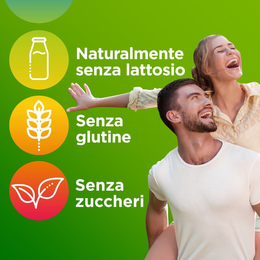 Coppia sorridente. Icone: 'Naturalmente senza lattosio', 'Senza glutine', 'Senza zuccheri'.