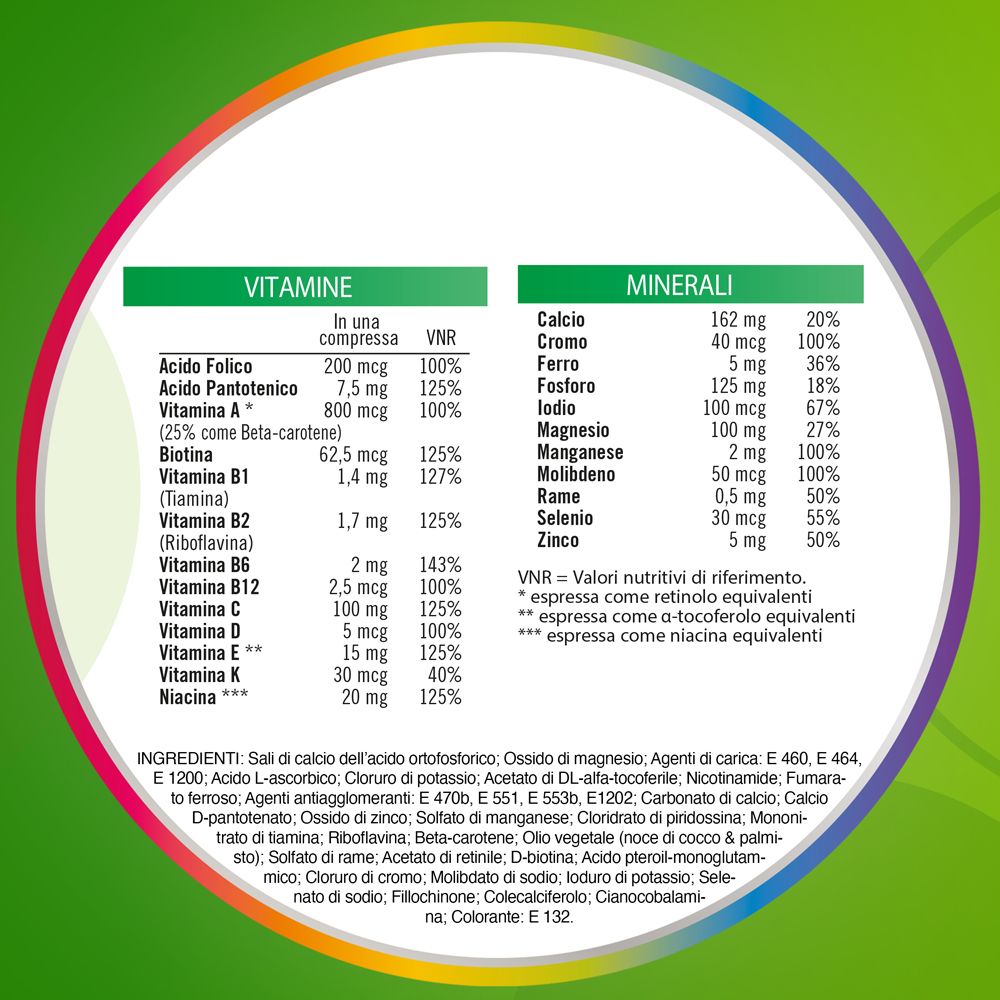 Tabella di vitamine e minerali. Contiene informazioni nutrizionali e ingredienti.