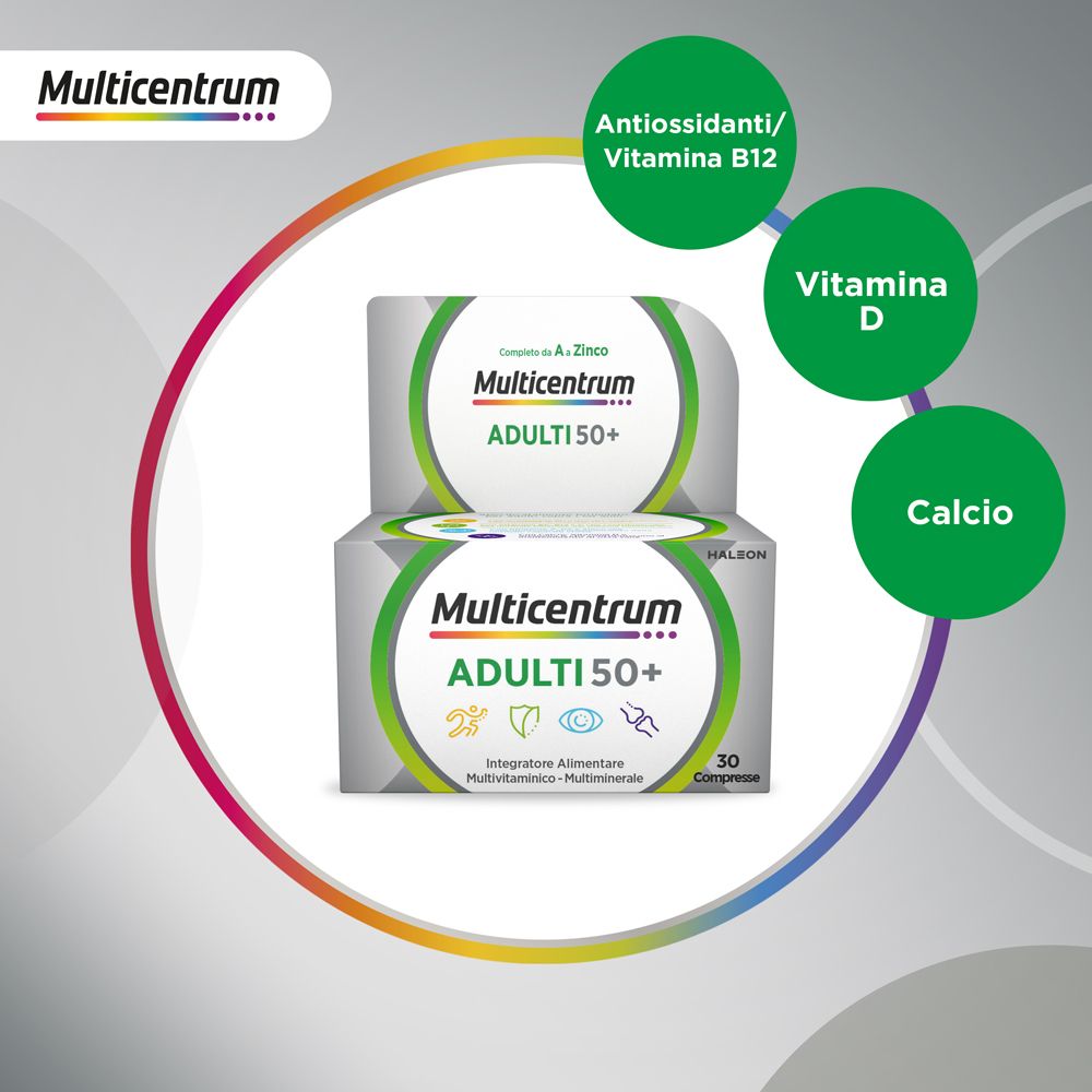Älteres Paar lächelt. Text: Multivitaminico completo pensato per gli Adulti 50+.