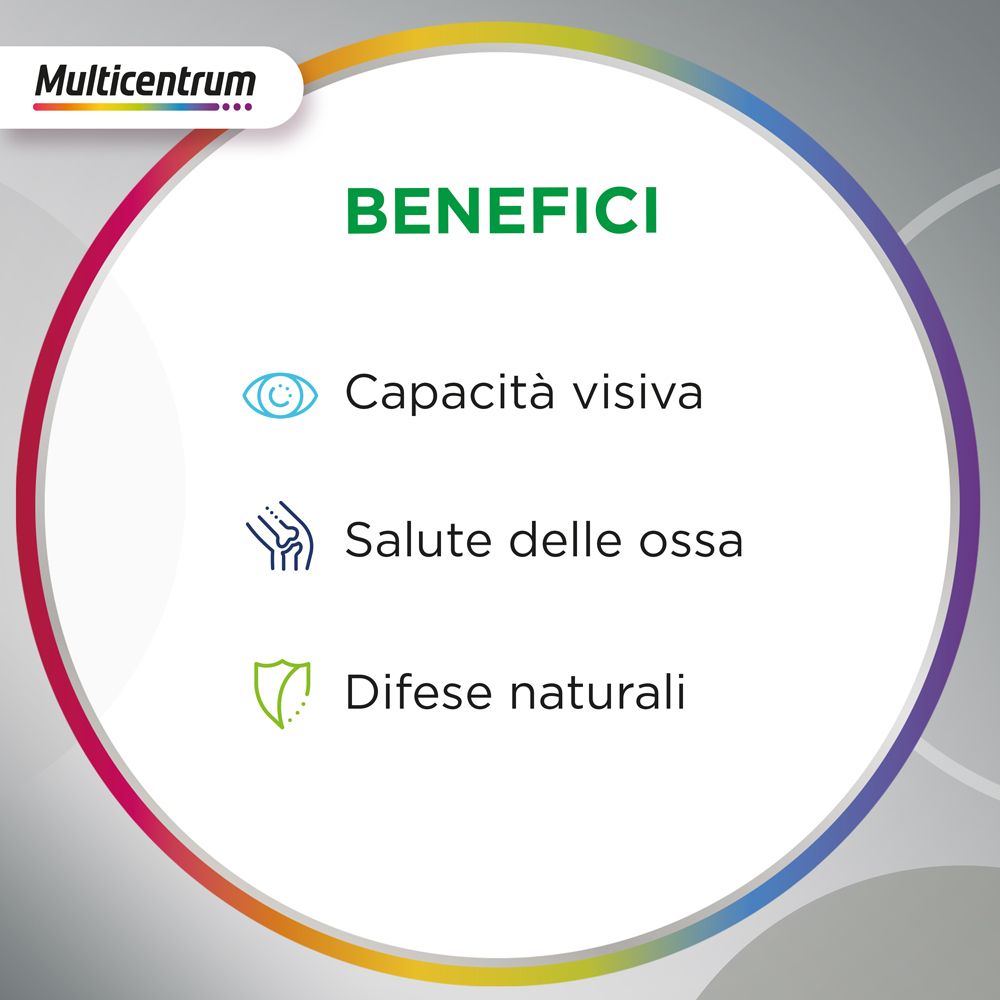 Älteres Paar auf einem Motorroller. Text: Supporto per: Riduzione di Stanchezza, Difese Naturali, Capacità Visiva, Salute delle Ossa.