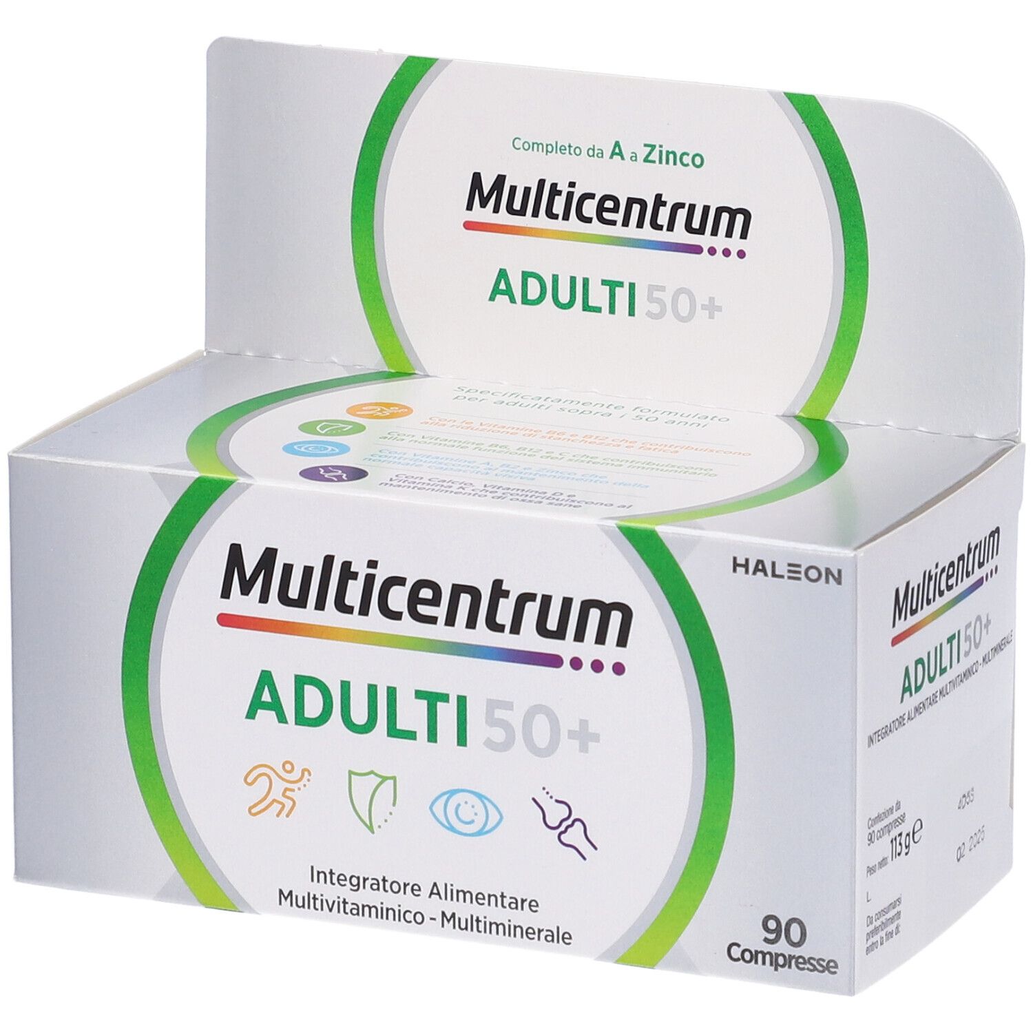 Boîte de Multicentrum ADULTI 50+. Contient 90 comprimés. Inscriptions : Multivitamines-Minéraux, Zinc.