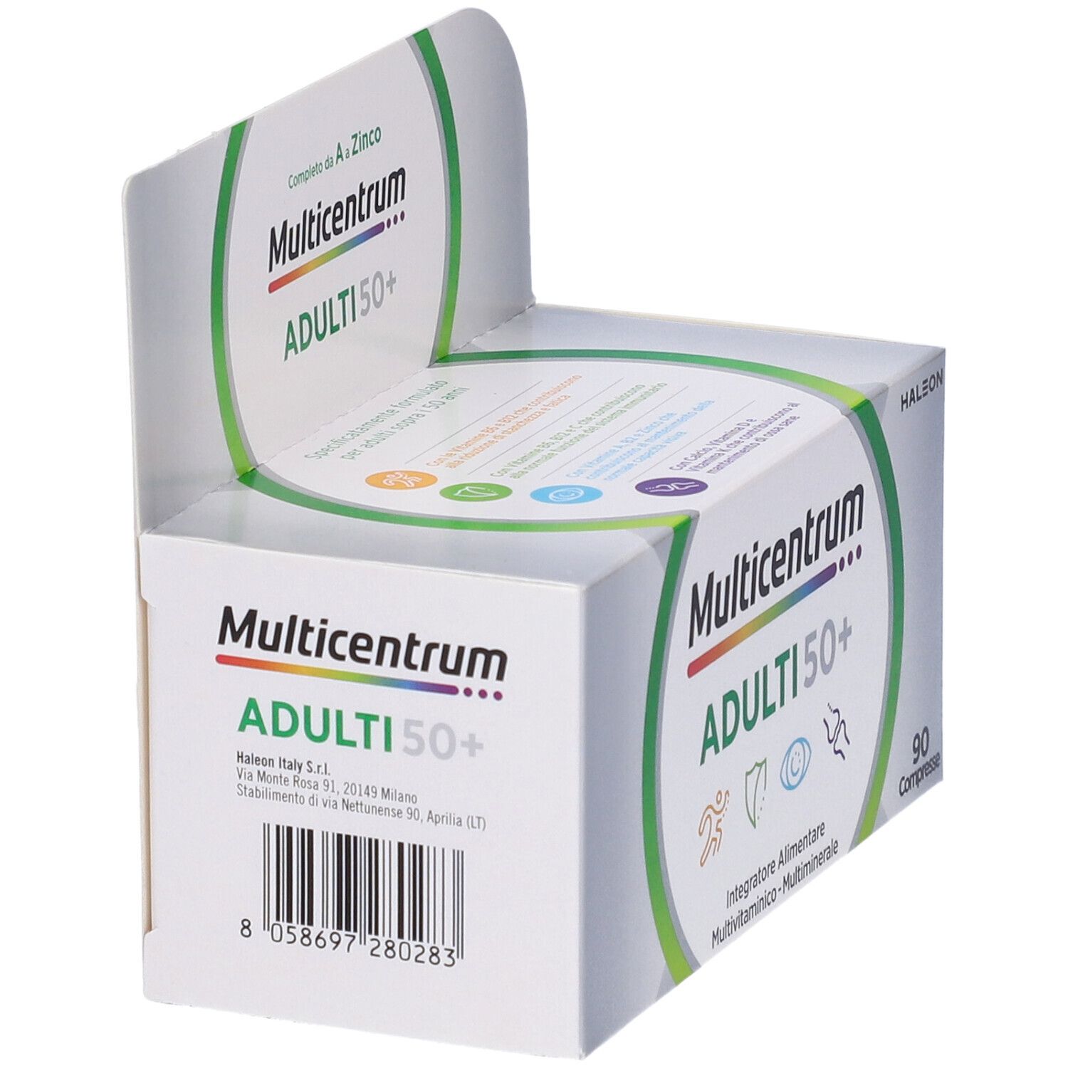 Boîte Multicentrum ADULTI 50+. Dos avec ingrédients et informations nutritionnelles. 90 comprimés.
