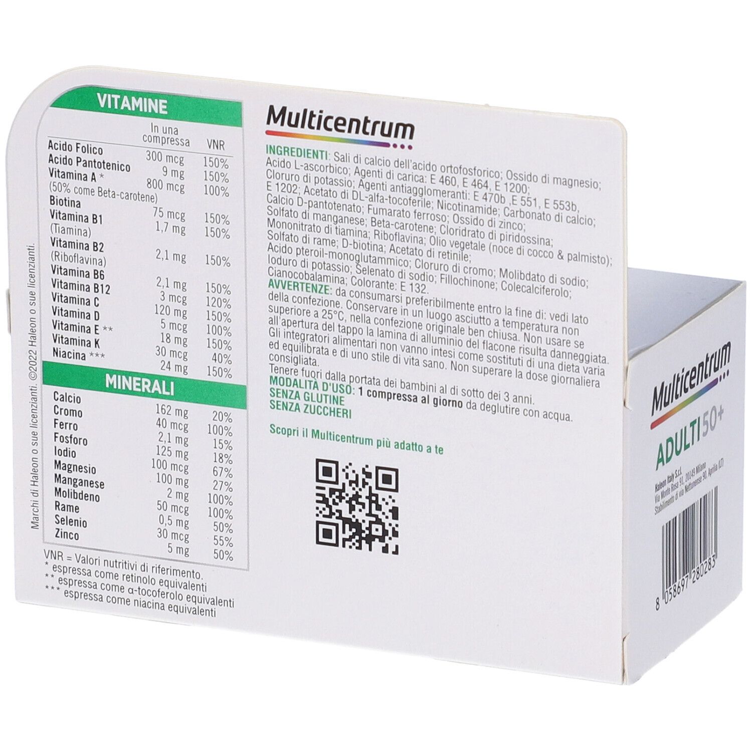 Dos de la boîte Multicentrum ADULTI 50+. Contient ingrédients, informations nutritionnelles et code QR.