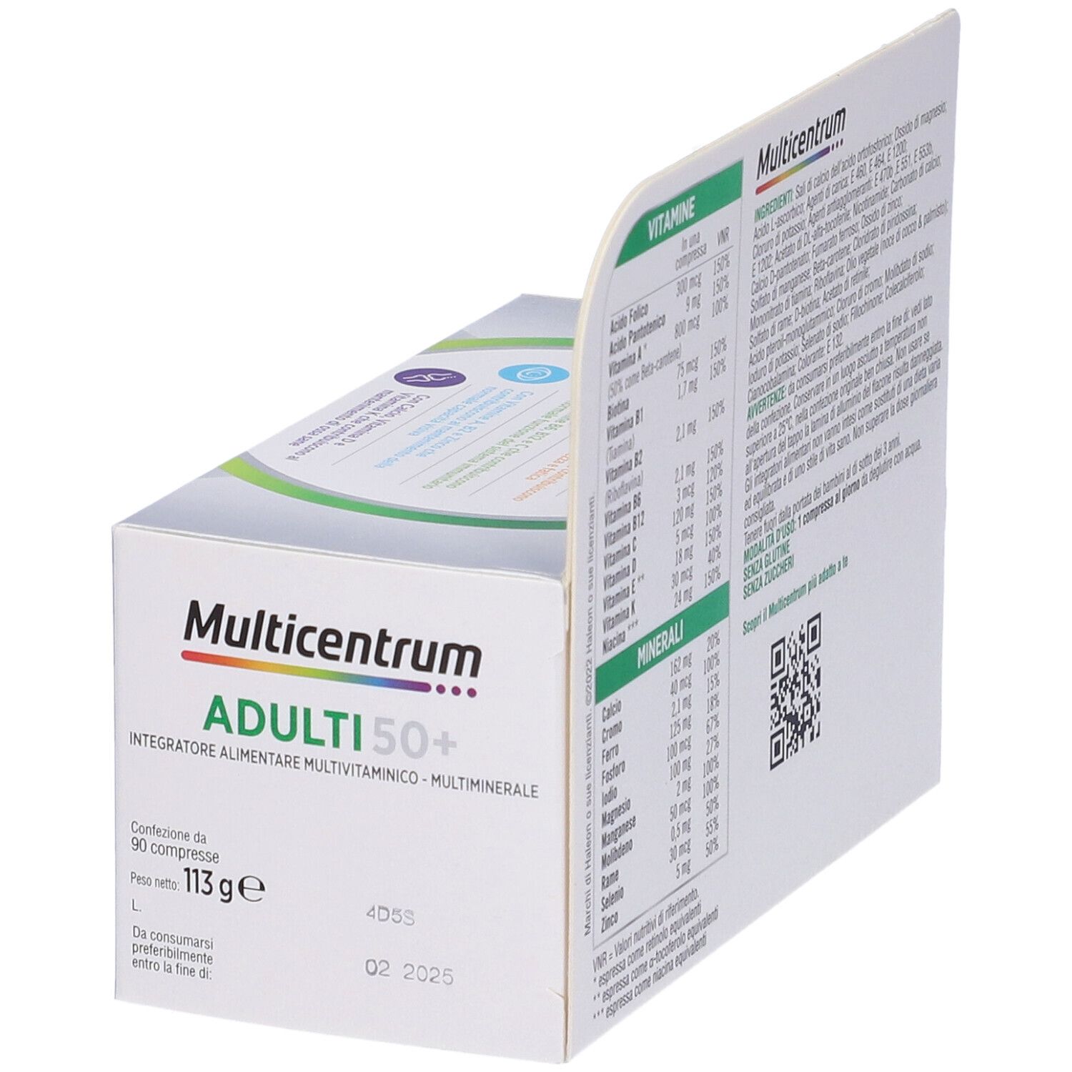 Boîte Multicentrum ADULTI 50+ ouverte. Contient 90 comprimés. Ingrédients et date de péremption.