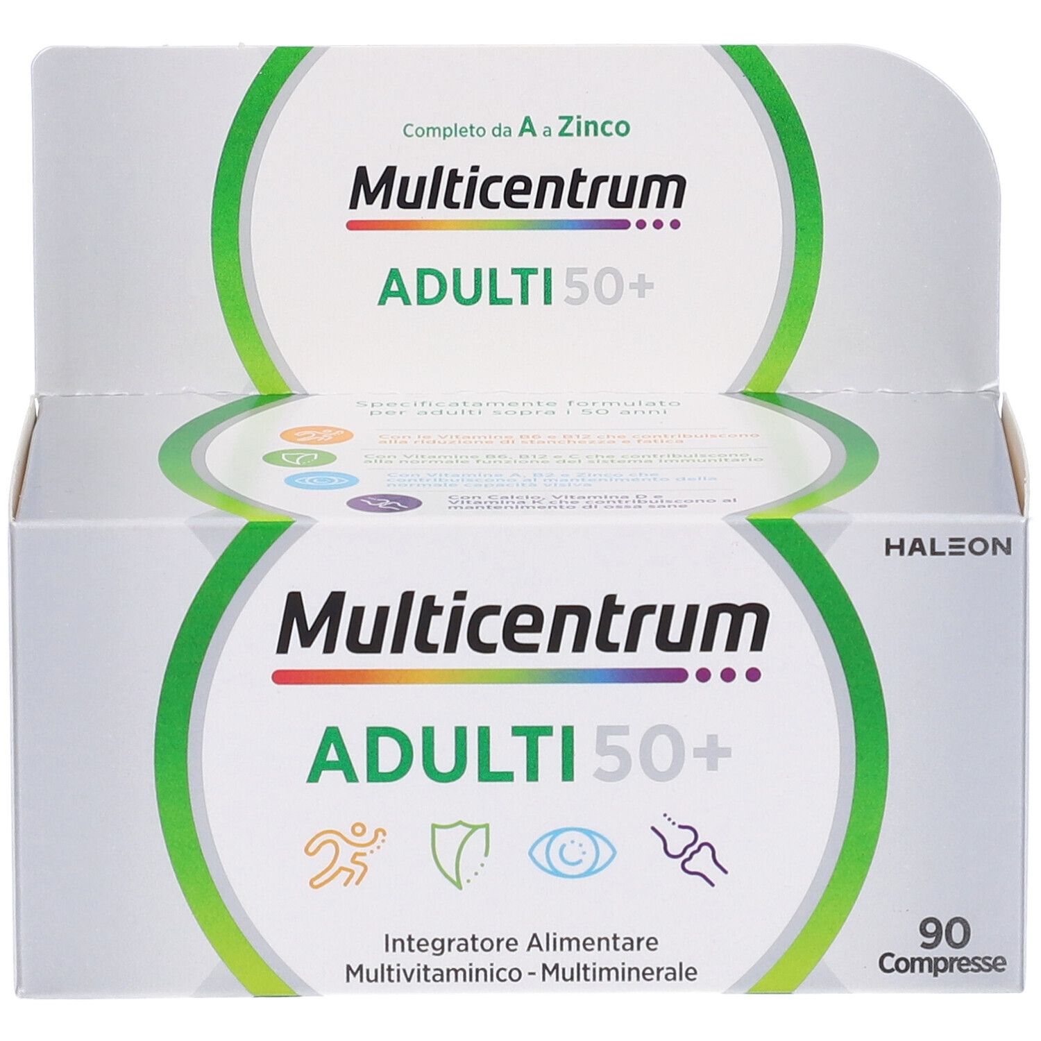 Boîte de Multicentrum ADULTI 50+. Contient 90 comprimés. Inscriptions : Multivitamines-Minéraux, Zinc.