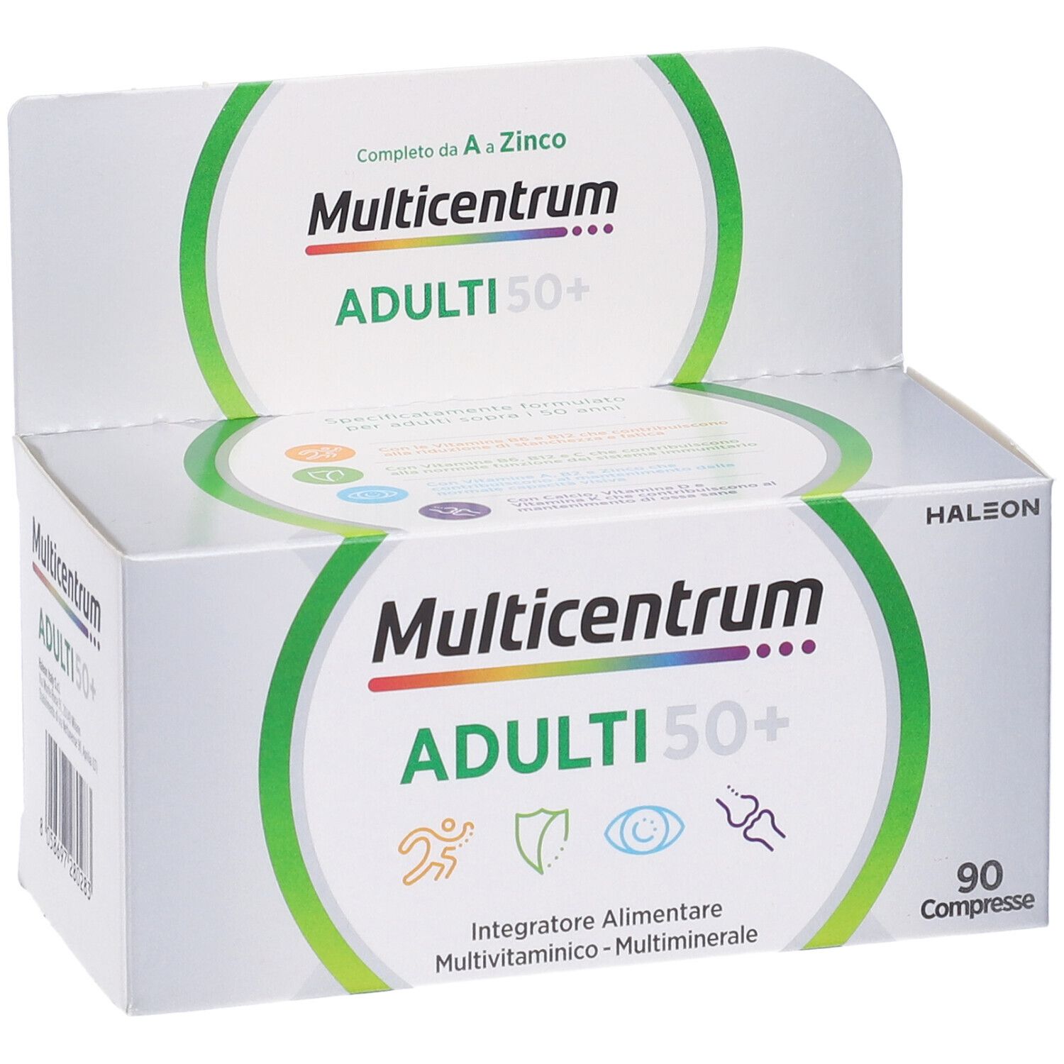 Boîte de Multicentrum ADULTI 50+. Contient 90 comprimés. Inscriptions : Multivitamines-Minéraux, Zinc.