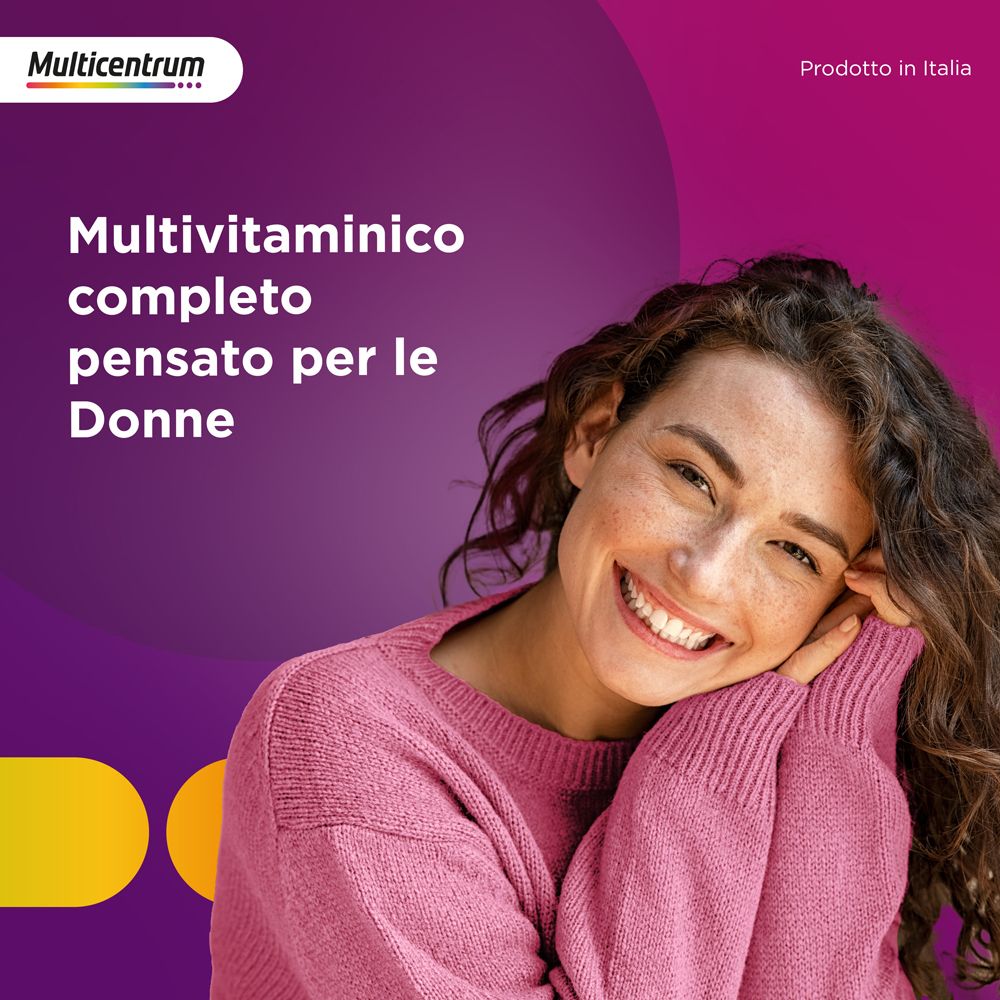 Lächelnde Frau mit rosa Pullover. Hintergrund in Lila und Gelb. Text: Multivitaminico completo pensato per le Donne.