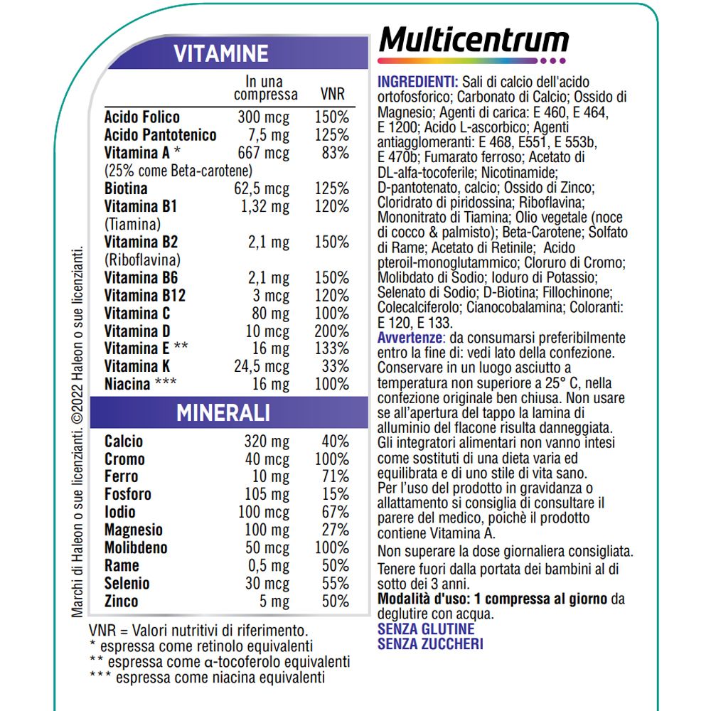 Inhaltsstoffe und Nährwertangaben von Multicentrum Donna. Enthält Vitamine und Mineralien. Text in italienischer Sprache.