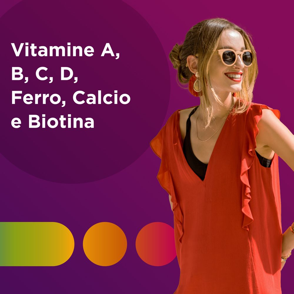 Frau mit Sonnenbrille und rotem Kleid. Text: Vitamine A, B, C, D, Eisen, Calcium und Biotin. Lila Hintergrund.