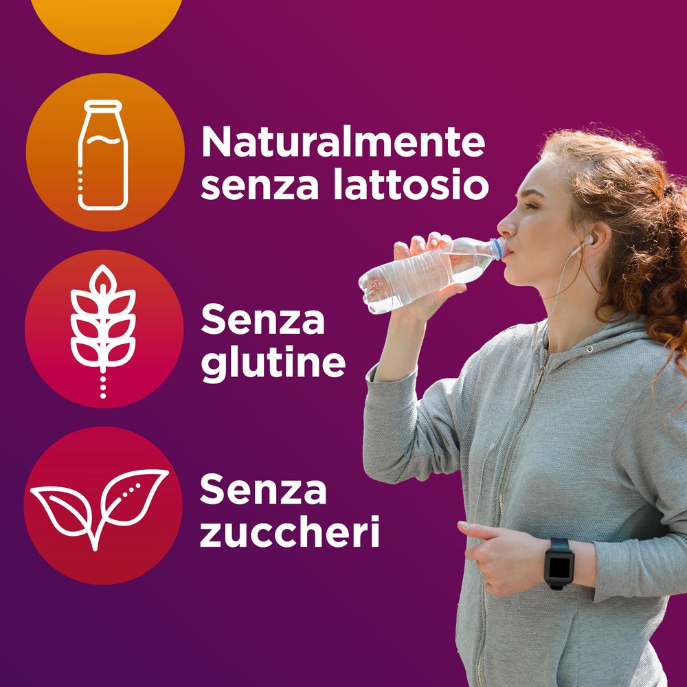 Frau trinkt Wasser. Text: Natürlich laktosefrei, glutenfrei, zuckerfrei. Lila Hintergrund.