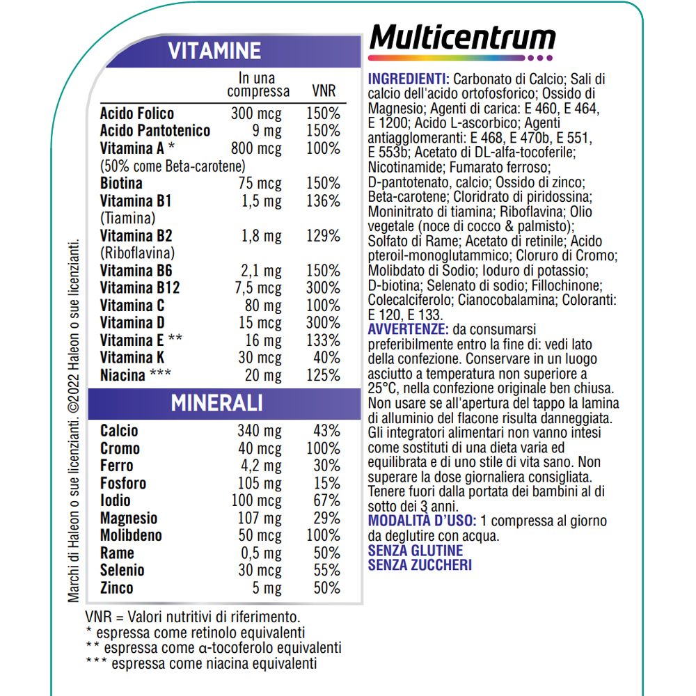 Inhaltsstoffe und Nährwertangaben von Multicentrum Donna 50+. Enthält Vitamine und Mineralien.