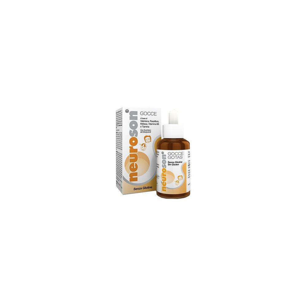 Neuroson Gocce 30 ml. Flacone e confezione. Flacone contagocce con tappo bianco. Scritta: Neuroson, Gocce, senza glutine.