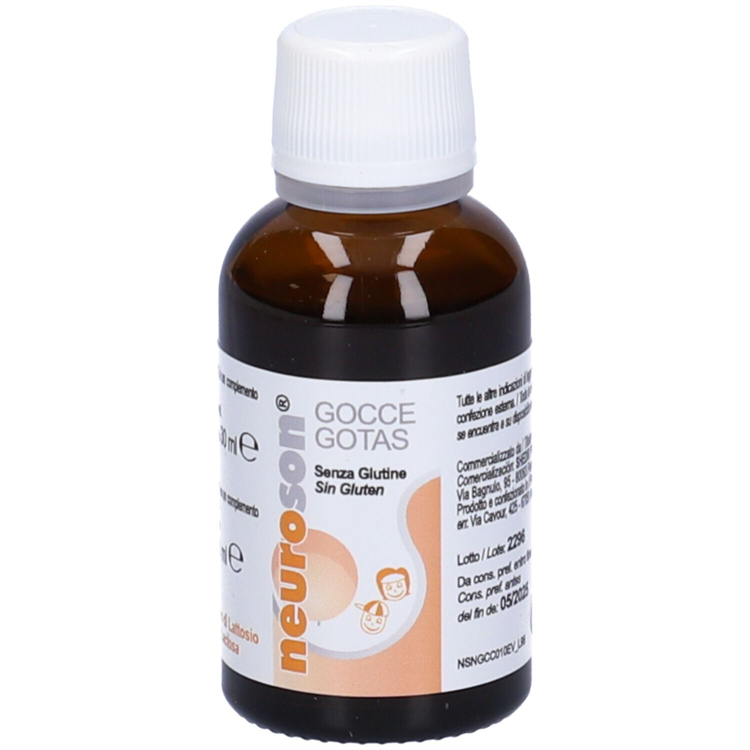 Neuroson Gocce, flacone contagocce. Flacone in vetro marrone con tappo bianco. Scritta: Gocce Gotas, senza glutine, 30 ml.