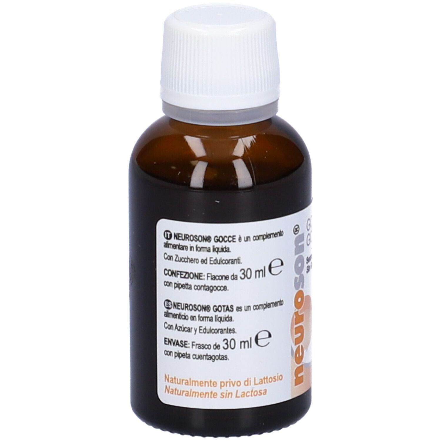 Neuroson Gocce, flacone contagocce. Flacone in vetro marrone con tappo bianco. Scritta: 30 ml, senza glutine, senza lattosio.
