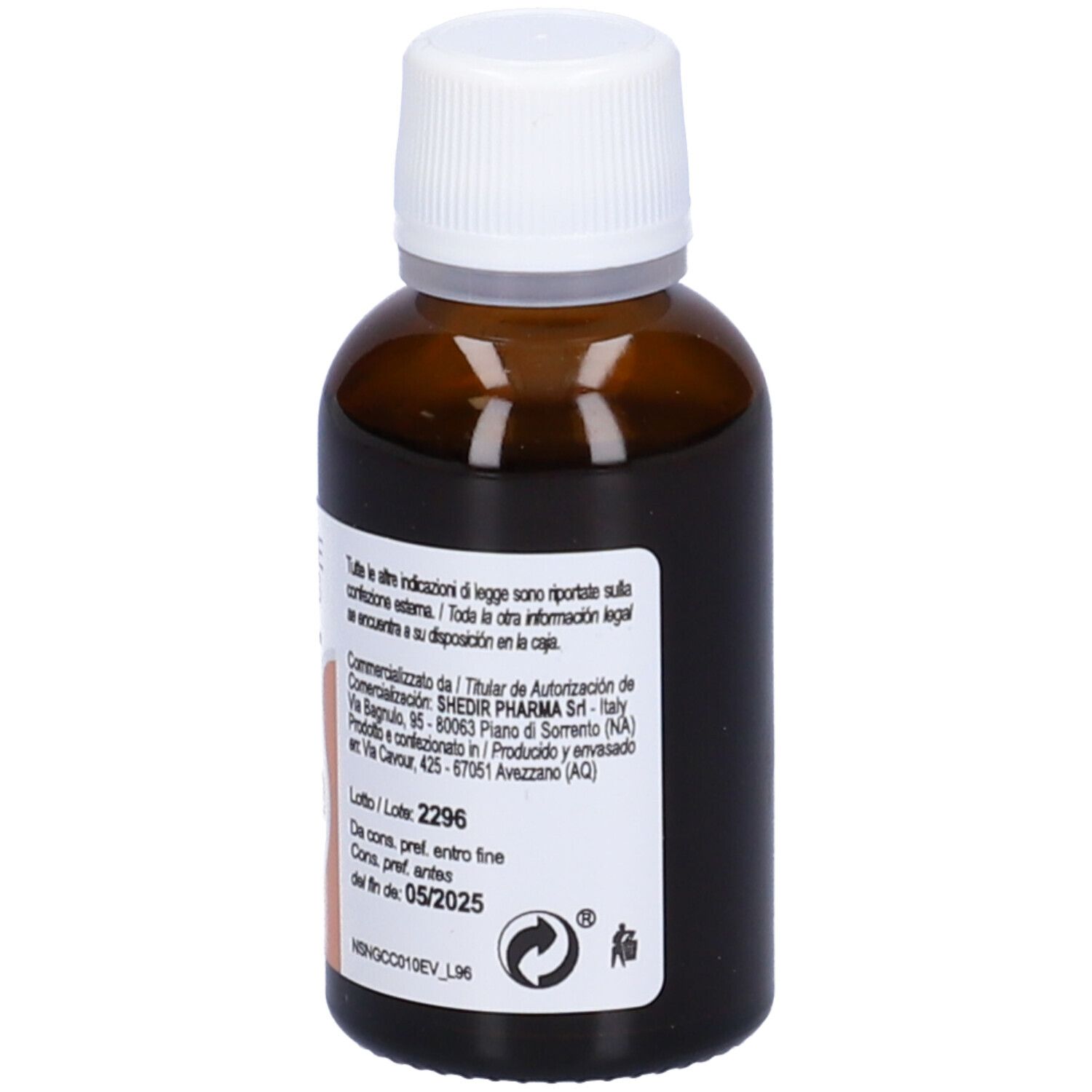 Neuroson Gocce, flacone contagocce. Flacone in vetro marrone con tappo bianco. Scritta: 30 ml, senza glutine, senza lattosio.