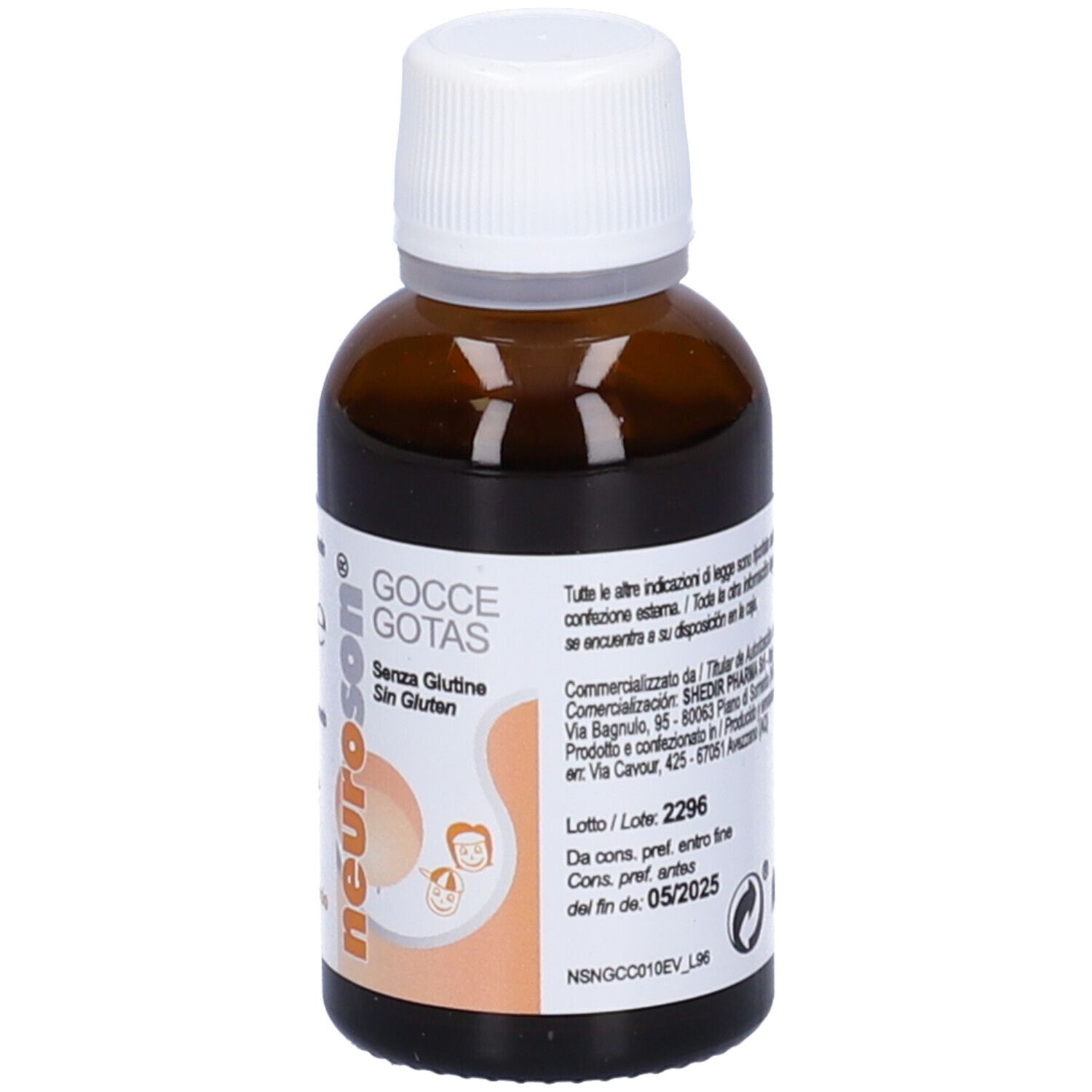 Neuroson Gocce, flacone contagocce. Flacone in vetro marrone con tappo bianco. Scritta: Gocce Gotas, senza glutine, 30 ml.