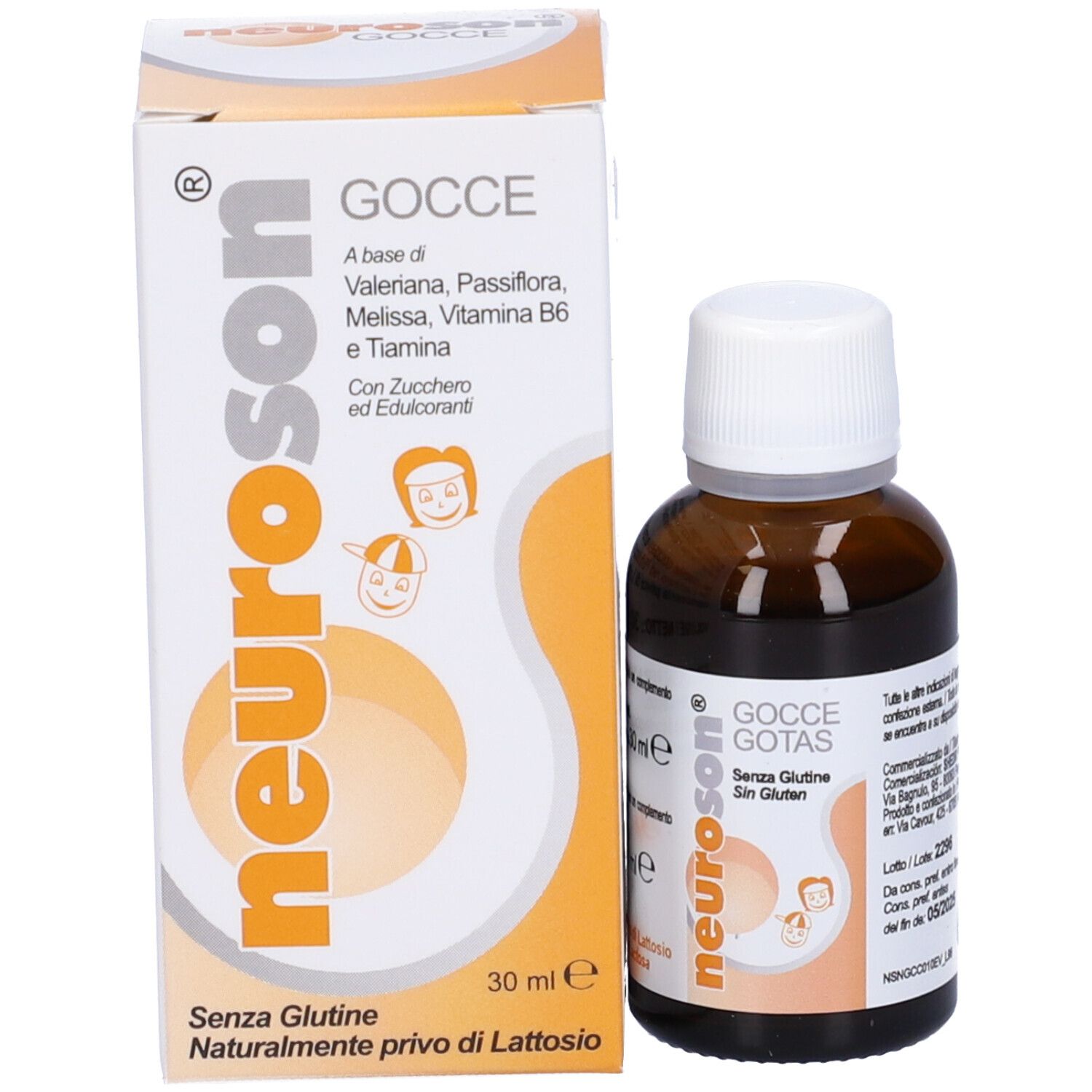 Neuroson Gocce 30 ml. Flacone e confezione. Flacone contagocce con tappo bianco. Scritta: Neuroson, Gocce, senza glutine.