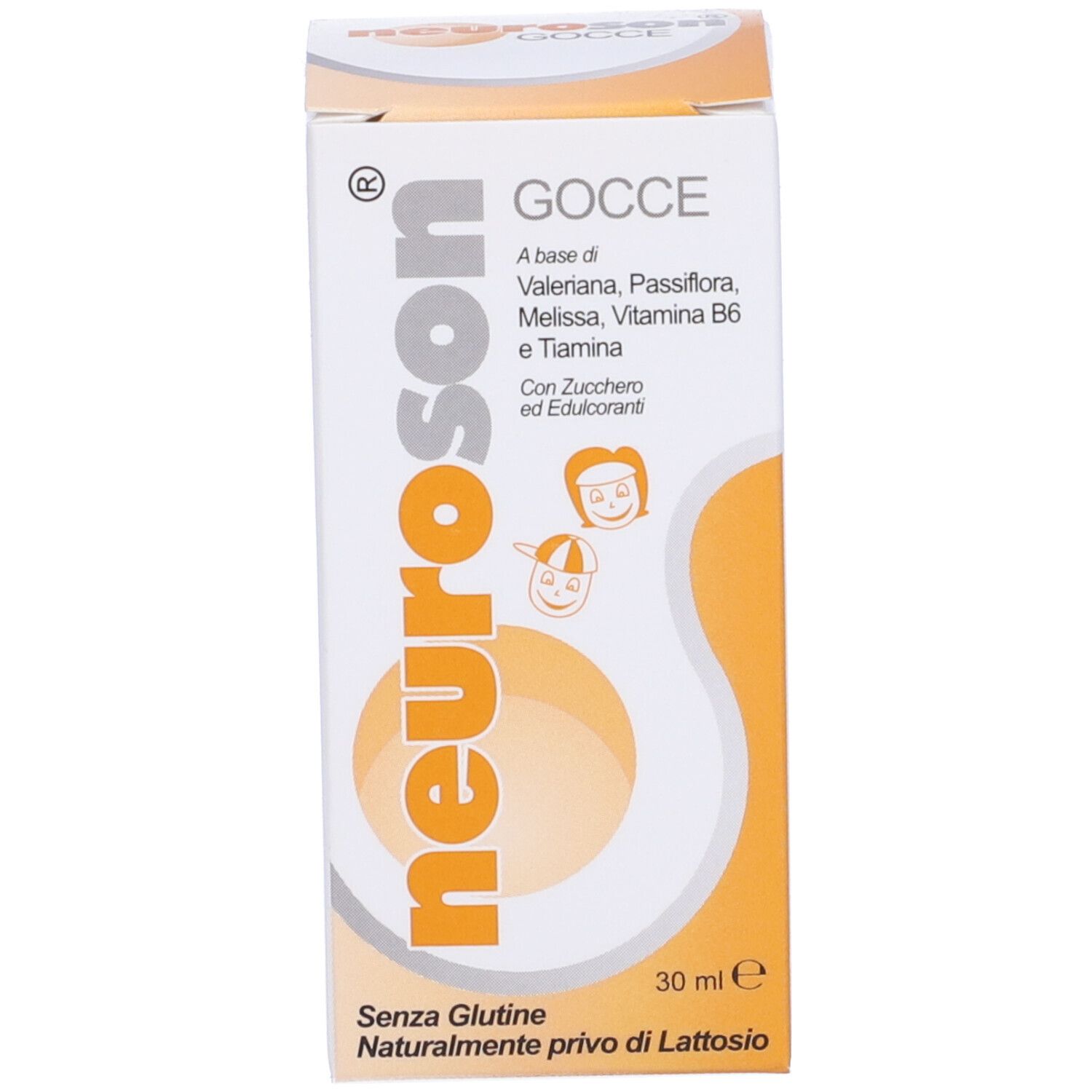 Neuroson Gocce, confezione. Scatola con scritta: Neuroson, Gocce, 30 ml, senza glutine, senza lattosio. Con illustrazione.