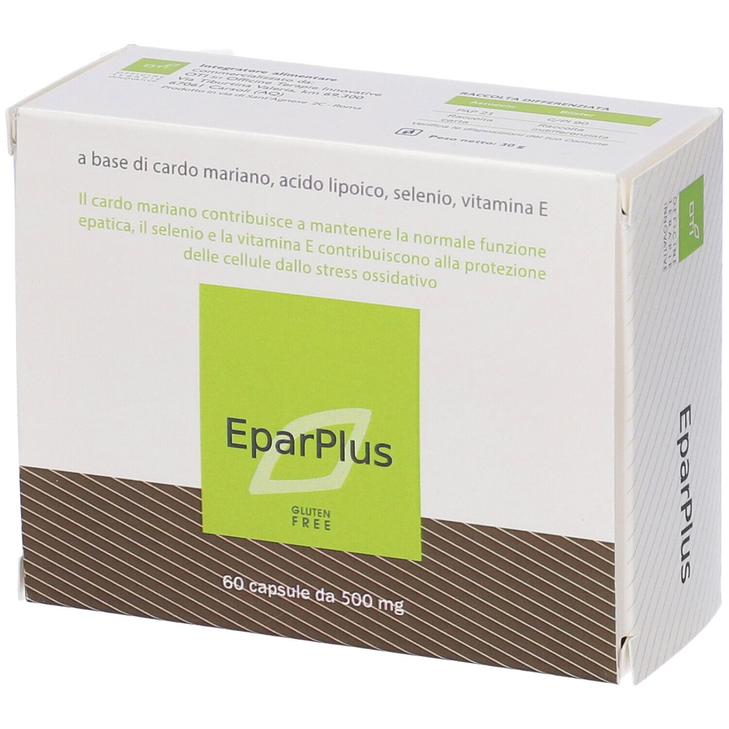 Scatola bianca con riquadro verde e nome del prodotto Eparplus. Contiene 60 capsule. Testo: Senza glutine.