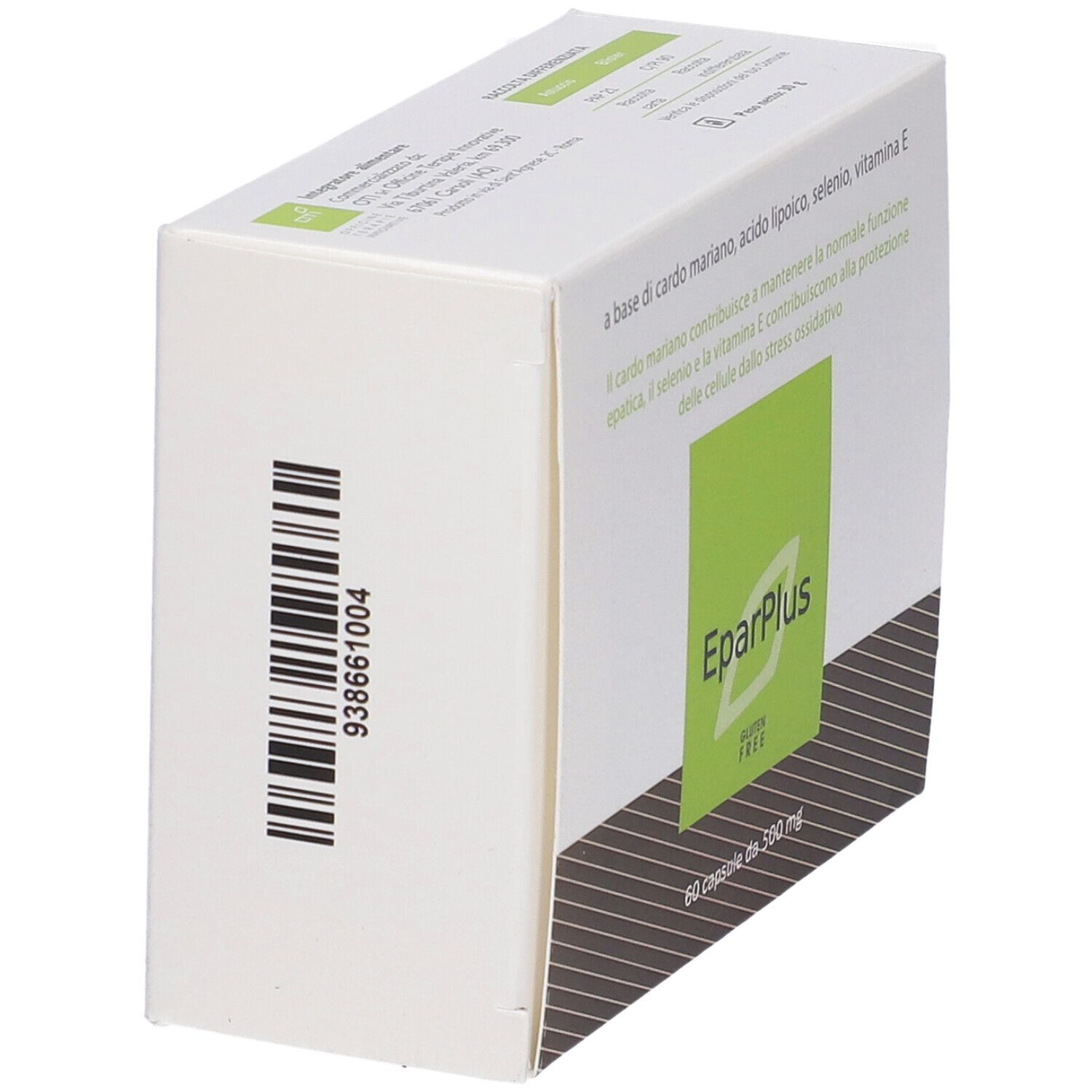Scatola bianca con riquadro verde e nome del prodotto Eparplus. Codice a barre sul lato.