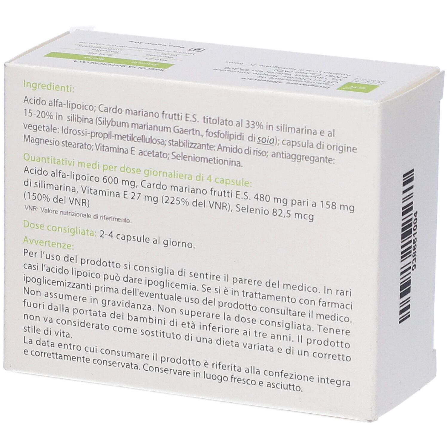 Scatola bianca con testo sugli ingredienti e il dosaggio. Nome del prodotto Eparplus.