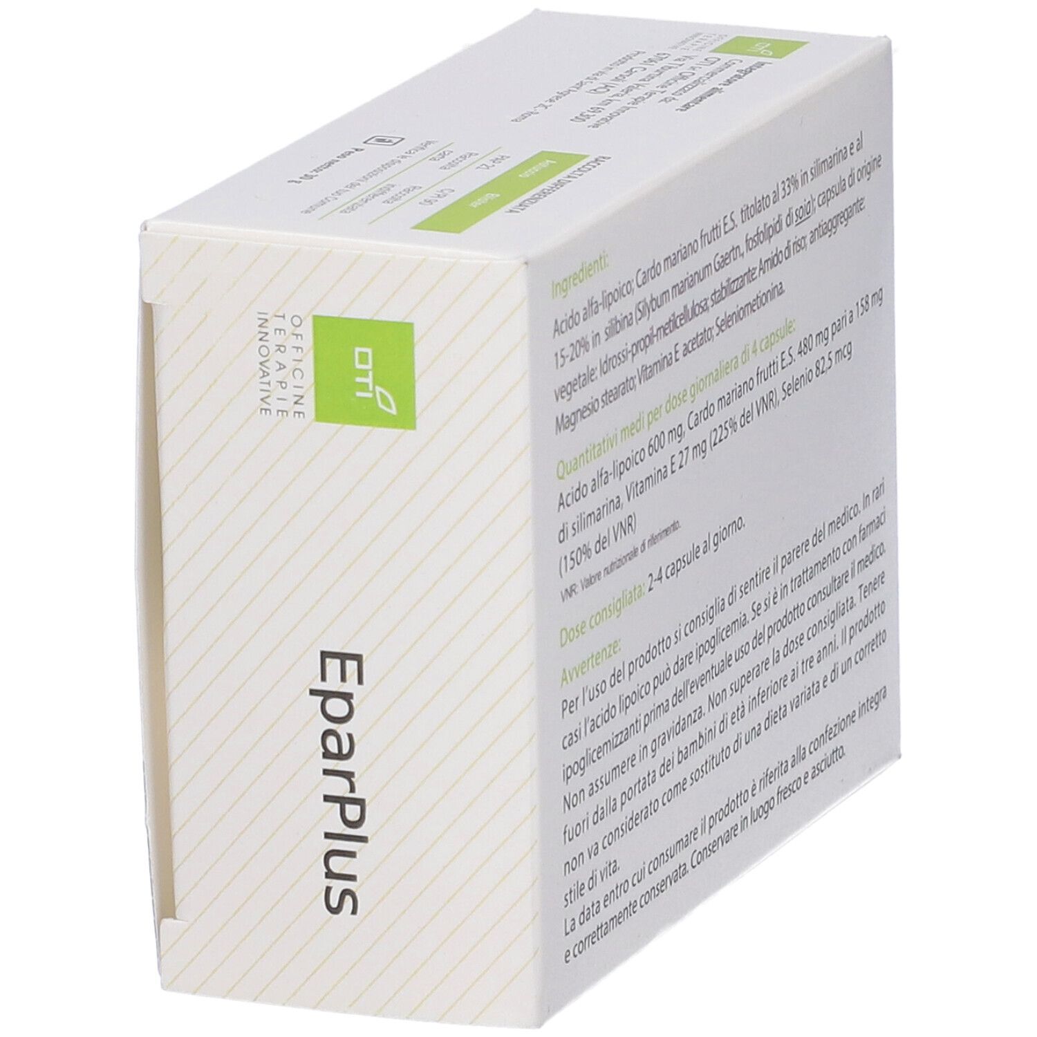 Scatola bianca con testo sugli ingredienti e il dosaggio. Nome del prodotto Eparplus.