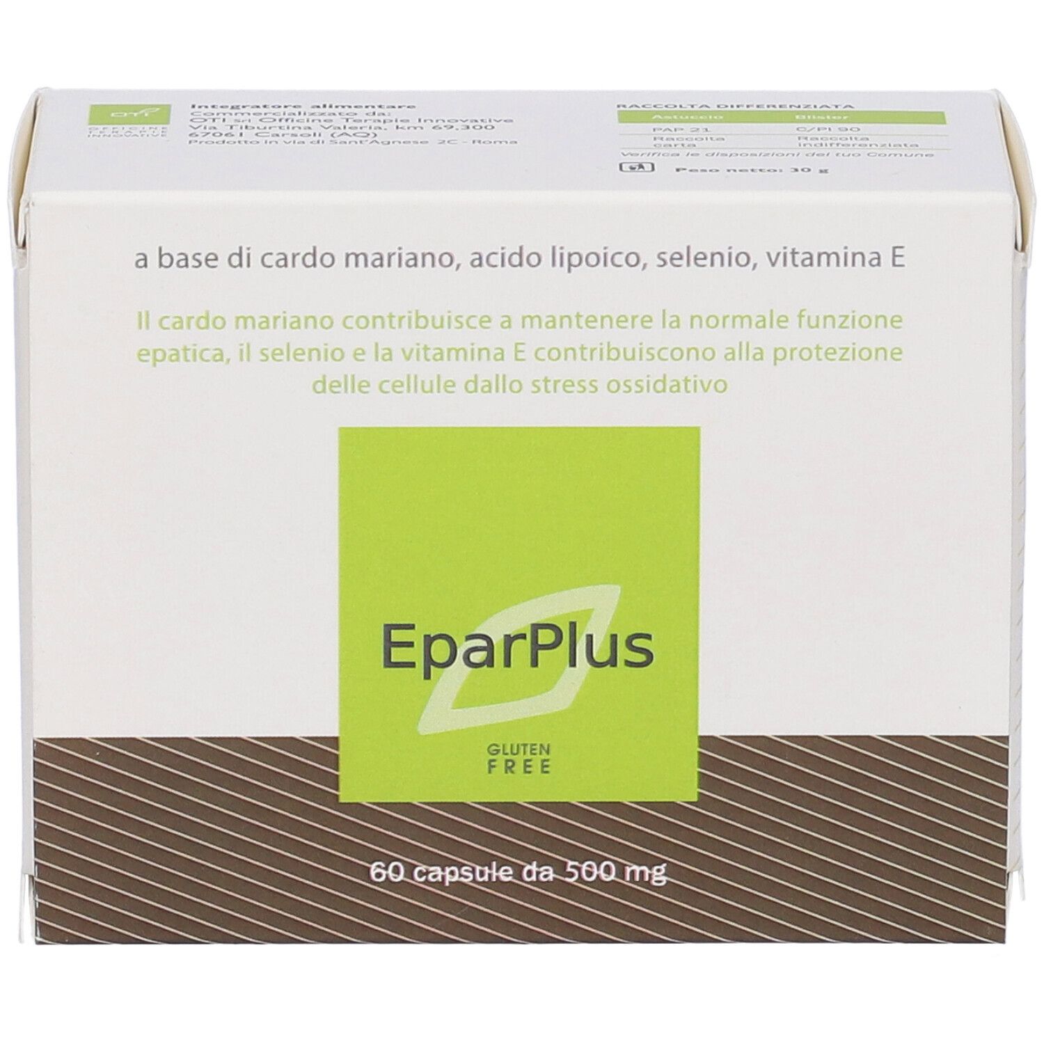 Scatola bianca con riquadro verde e nome del prodotto Eparplus. Contiene 60 capsule. Testo: Senza glutine.