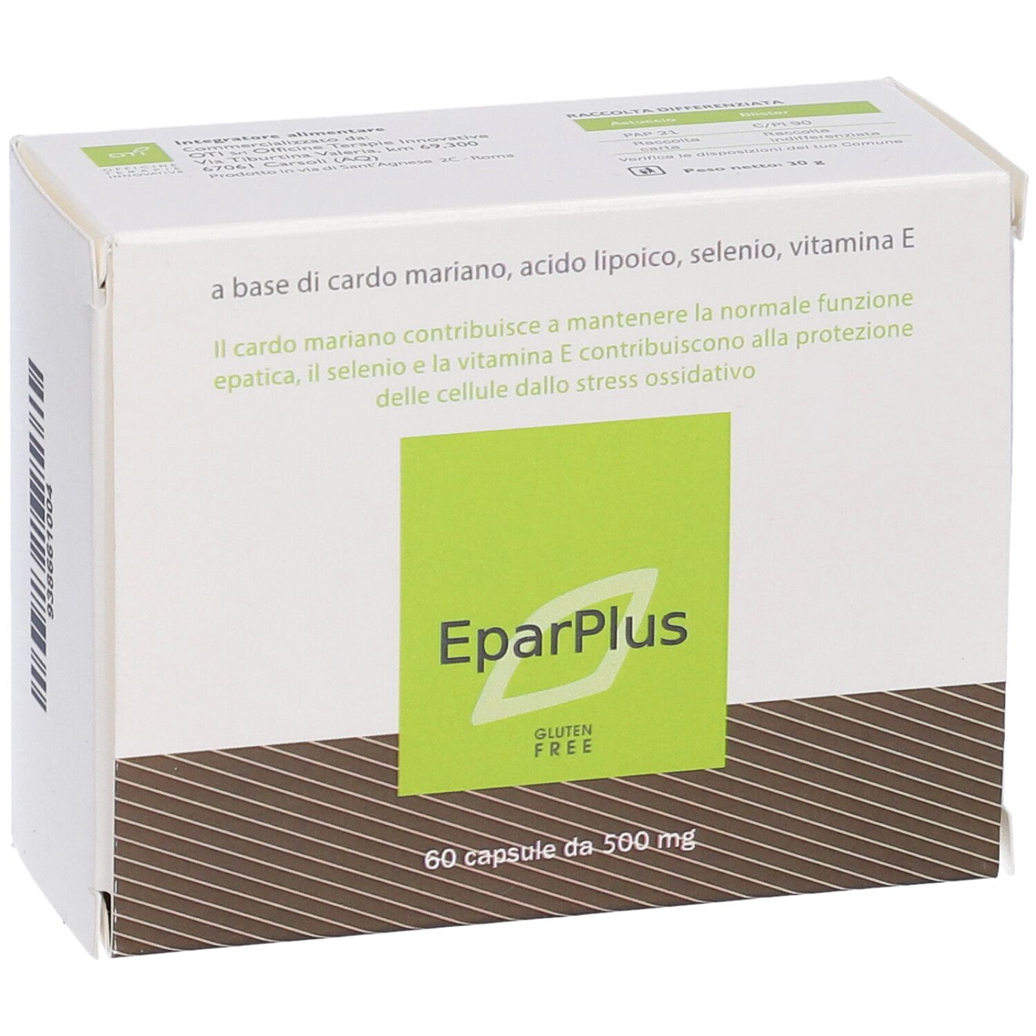 Scatola bianca con riquadro verde e nome del prodotto Eparplus. Contiene 60 capsule. Testo: Senza glutine.