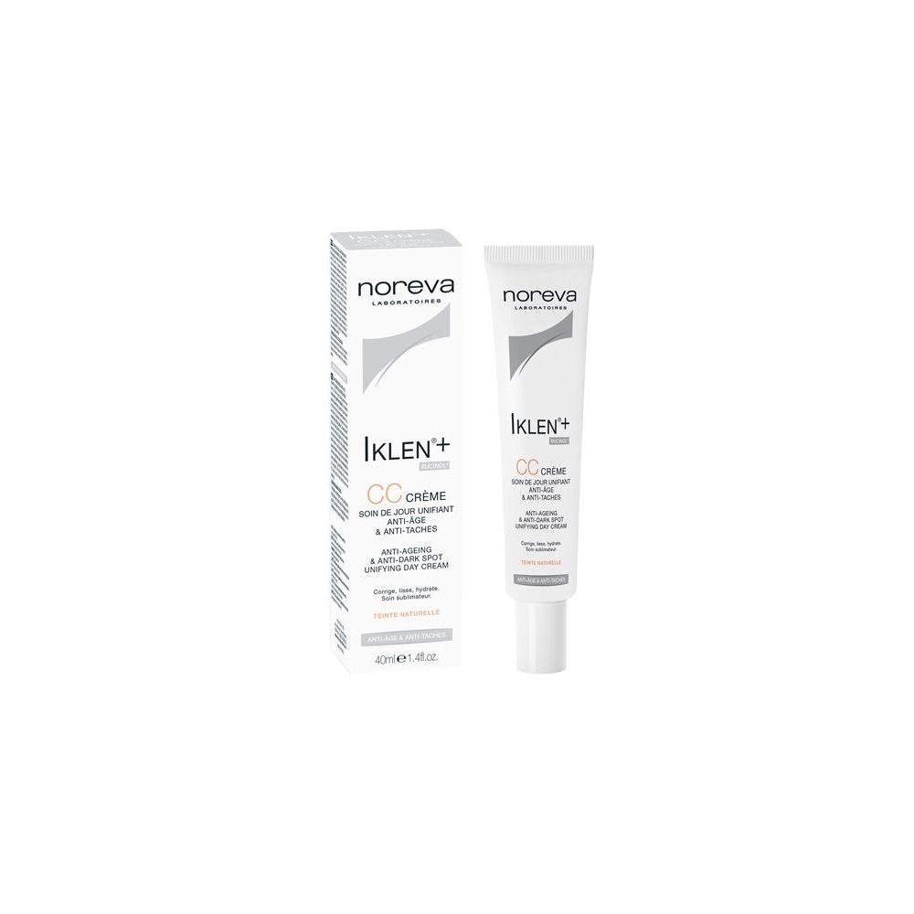 Confezione e tubo di crema. Scritta: Iklen+ CC Crème, Anti-età & anti-macchie. Marchio: Noreva.